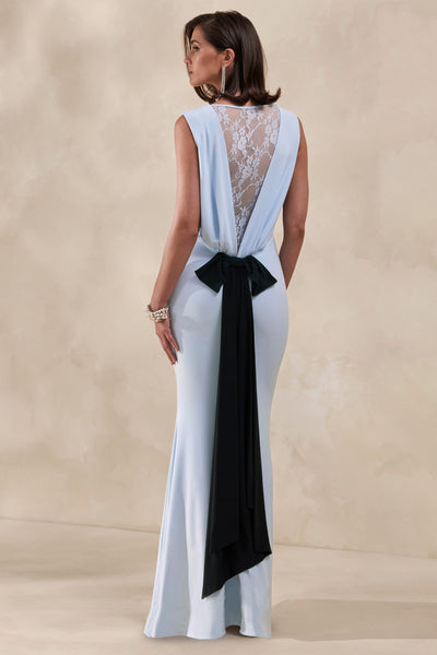 Elladine | Powder BLUE Round-Neck Maxi Dress With Lace-Back And Bow-Detail