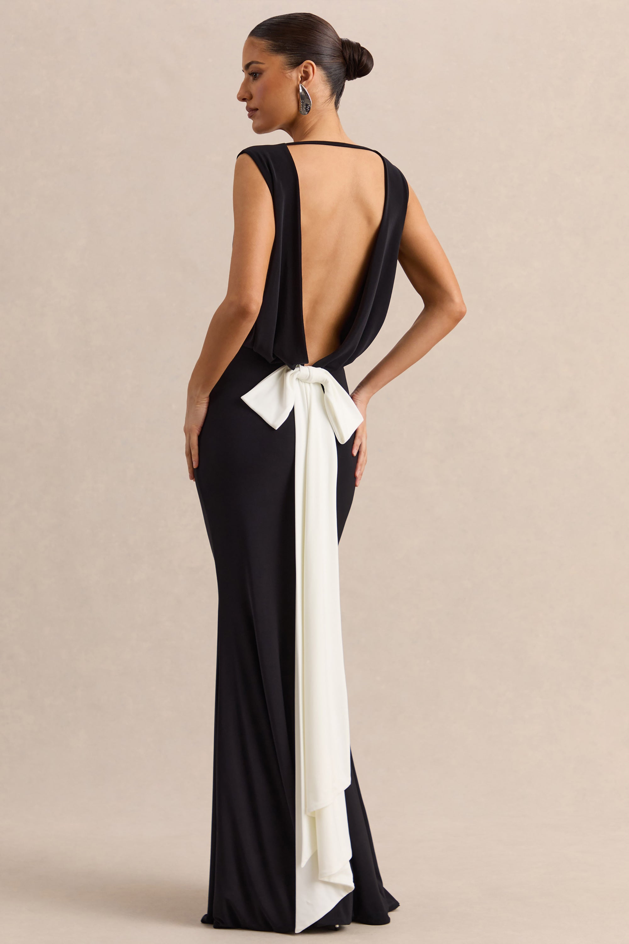 Elicette | Black Round-Neck Maxi Dress With Open-Back And Bow-Detail
