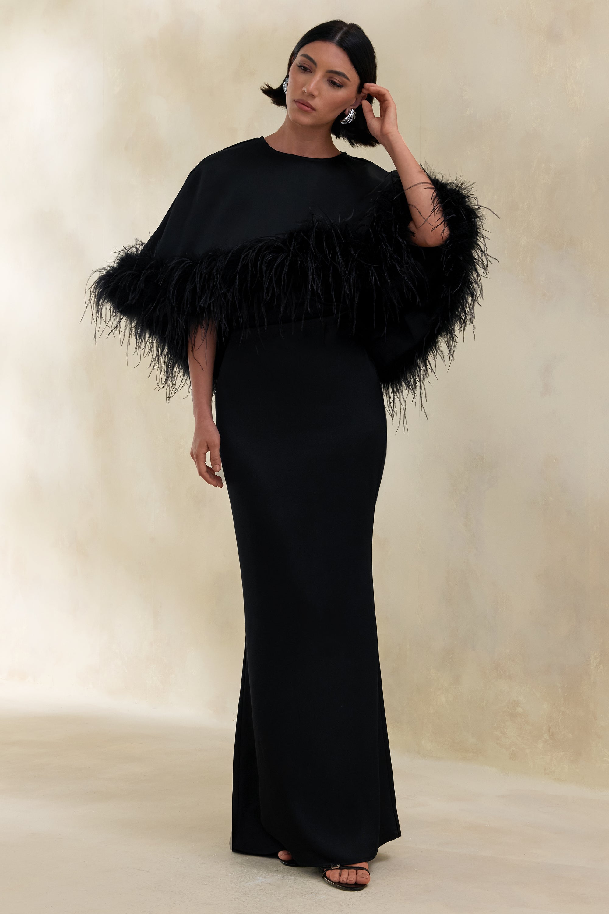 ECM_HR_CL137662001 - Lavencia | Black Satin Wide-Neck Maxi Dress Satin Wide-Neck Maxi Dress With Feather Trim + CL138007001 - Tervessa | Black Satin Wide-Neck Cape With Feather Trim 0.jpg