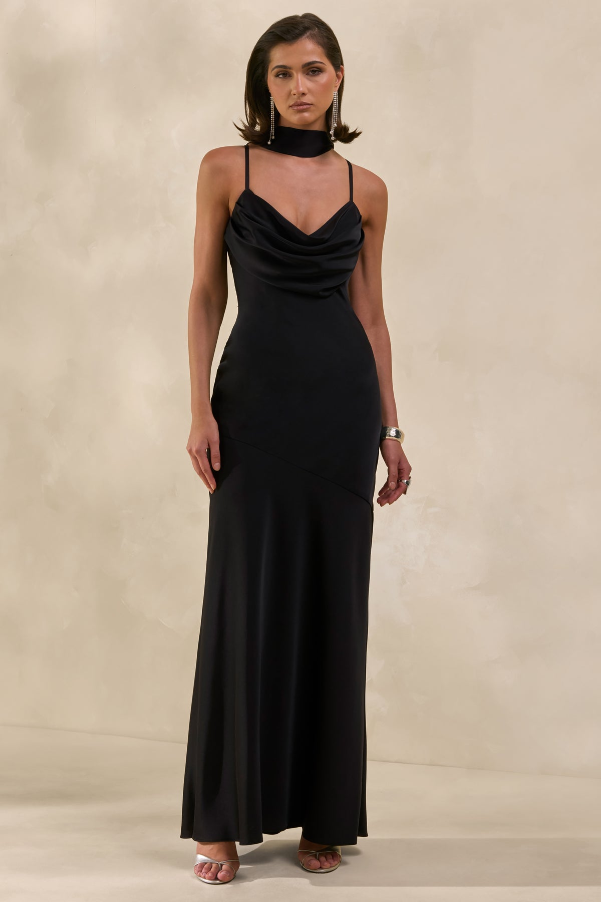 Anarelle Black Satin Cowl-Neck Maxi Dress Club L London - USA Anarelle Black Satin Cowl-Neck Maxi Dress Club L London - USA
