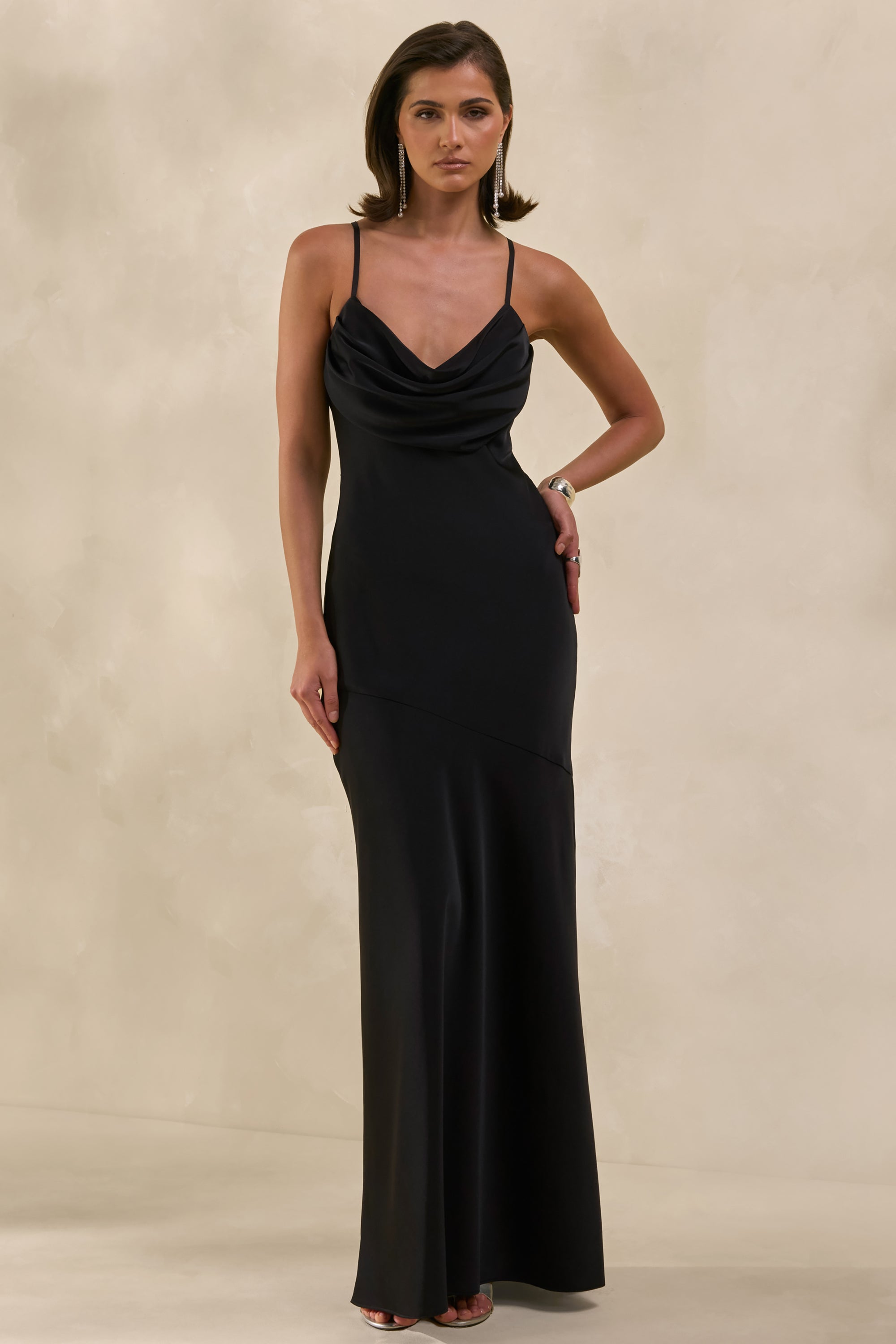 Anarelle | Black Satin Cowl-Neck Maxi Dress