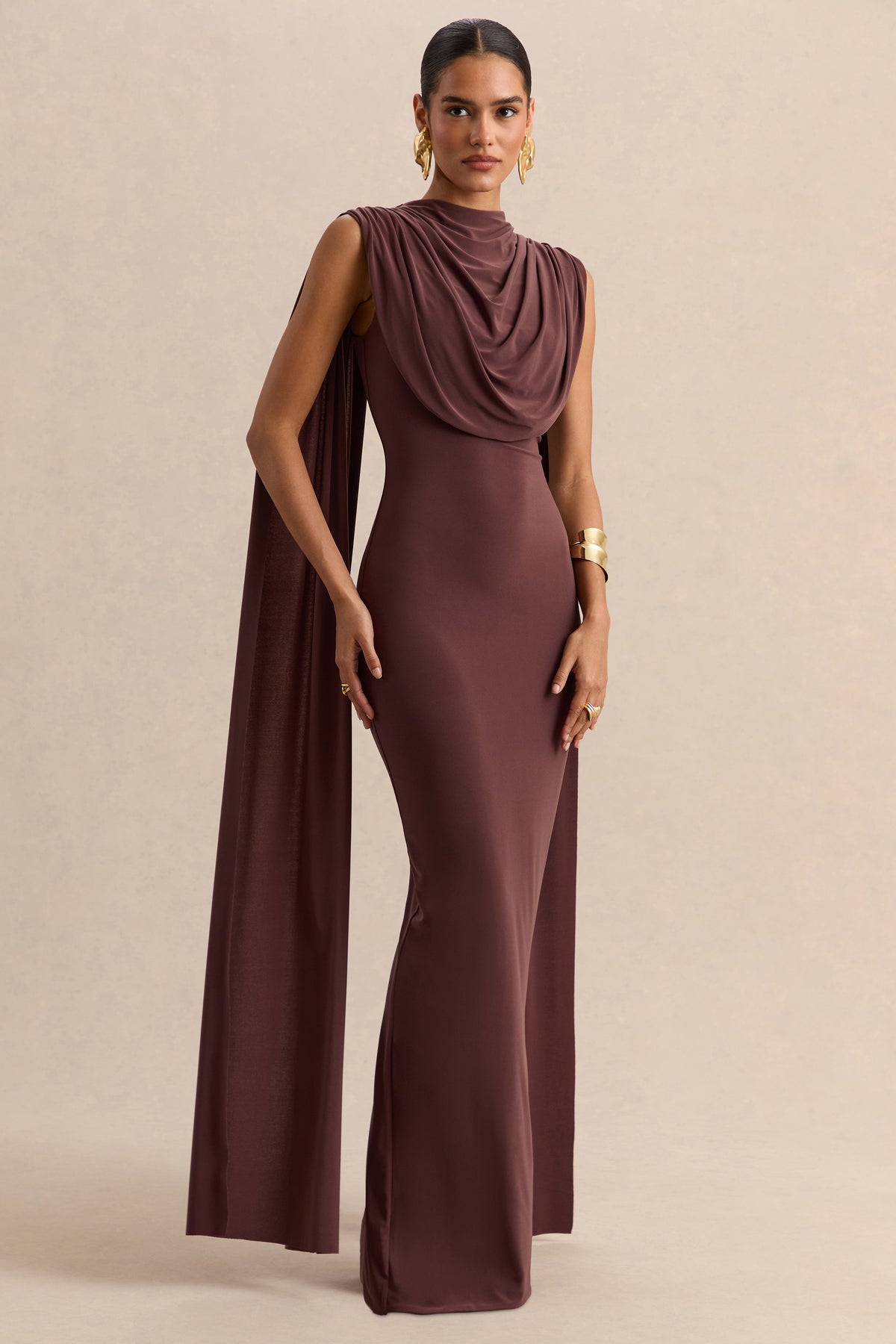 brown velvet cocktail dress Patrina Brown High-Neck Maxi Dress With Draped-Detailing And Cape-Sl – Club  L London