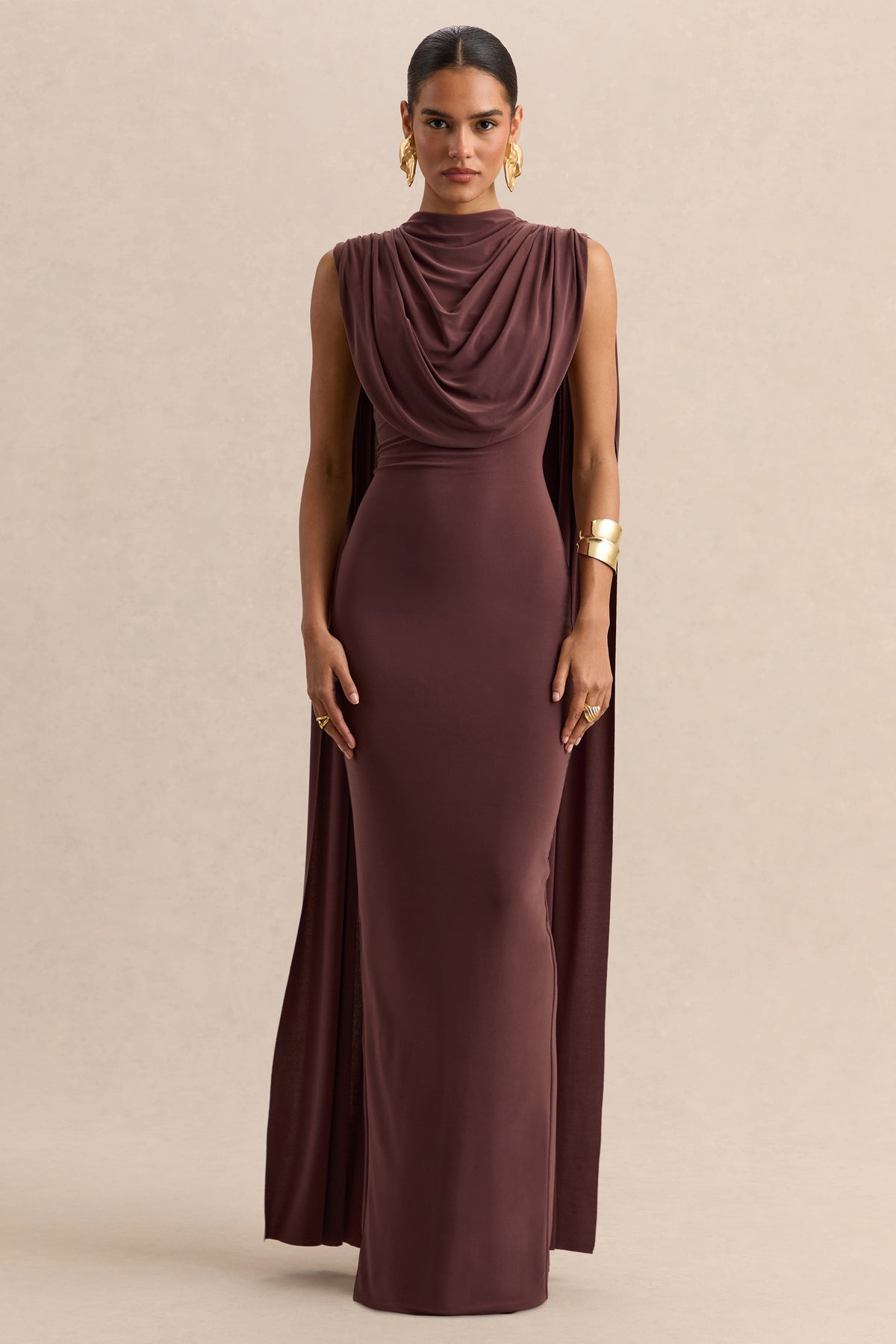 elegant dress brown Patrina | Brown High-Neck Maxi Dress With Draped-Detailing And Cape-Sleeves