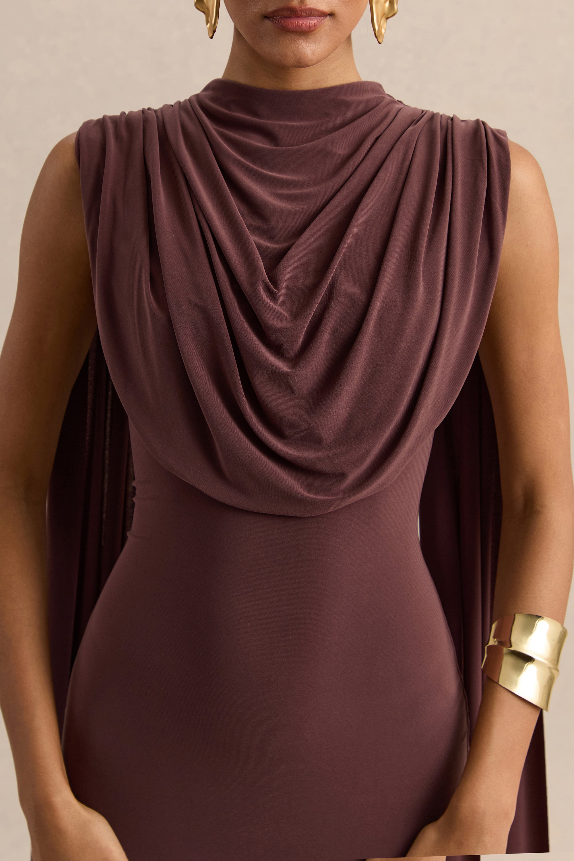 Patrina | Brown High-Neck Maxi Dress With Draped-Detailing And Cape-Sleeves