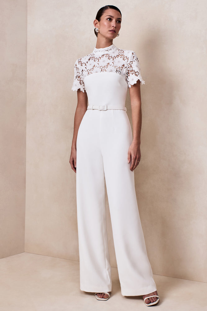 Liliana White High-Neck Jumpsuit With Lace Detailing – Club L