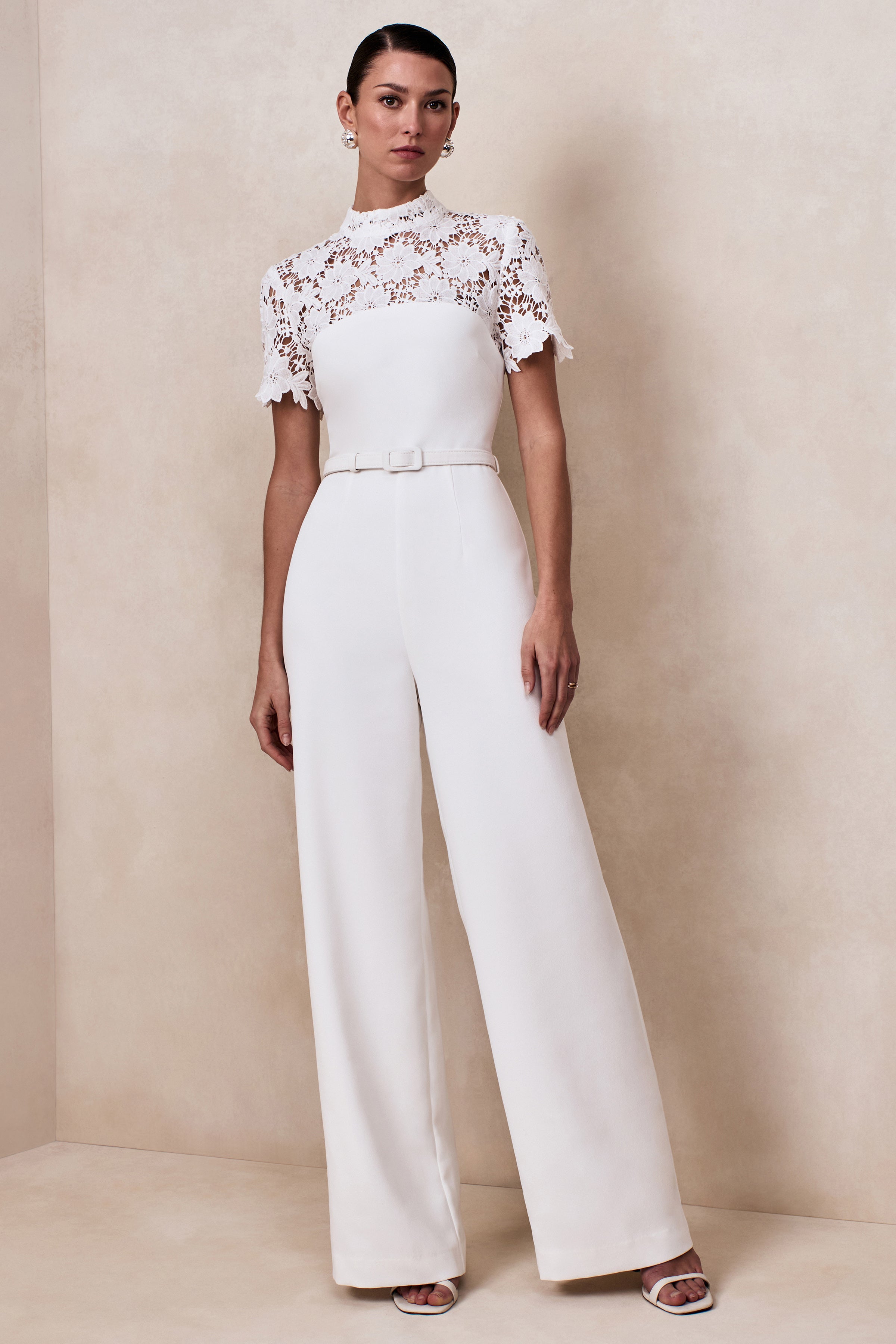 Liliana | White High-Neck Jumpsuit With Lace Detailing – Club L