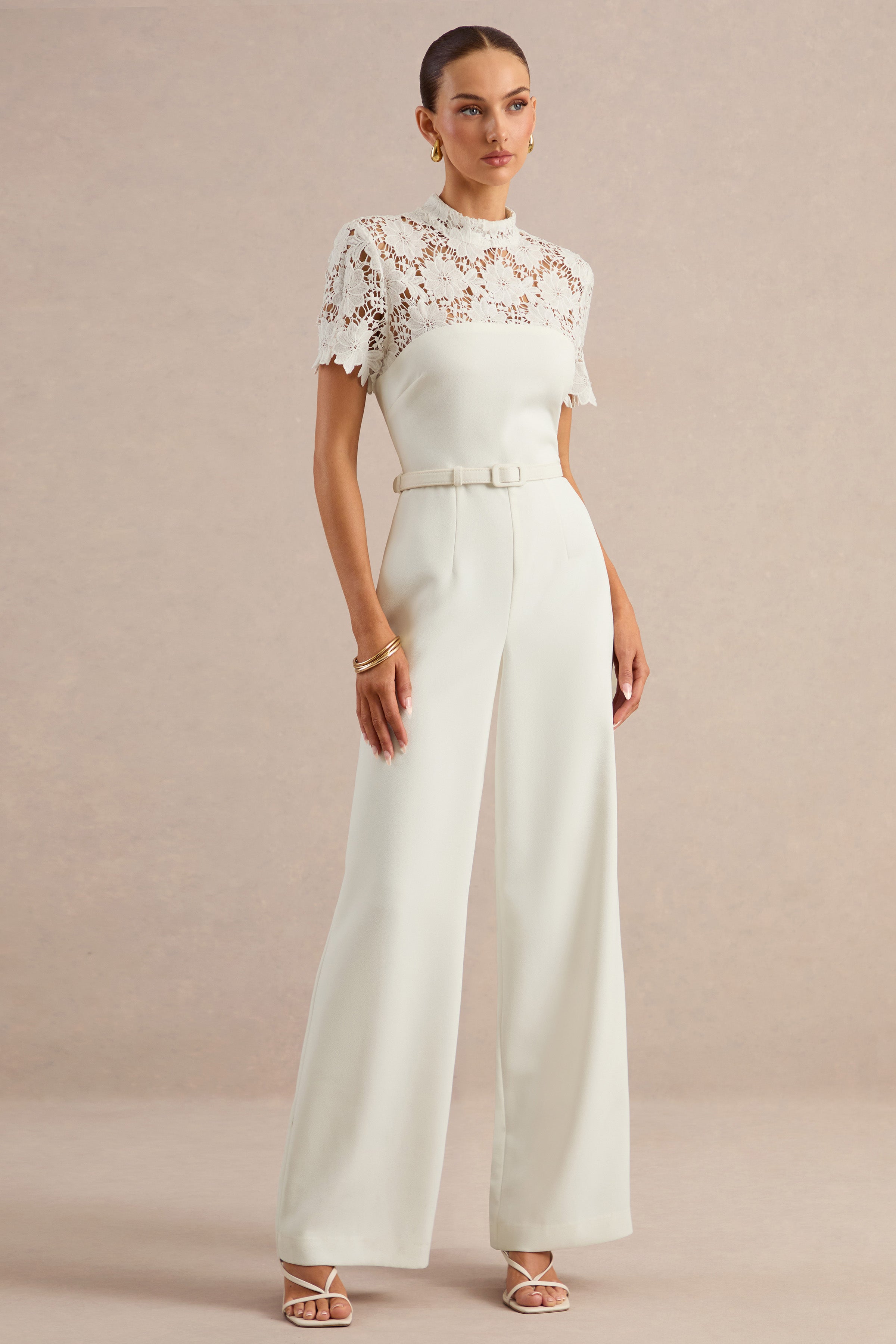 Liliana | White High-Neck Jumpsuit With Lace Detailing – Club L