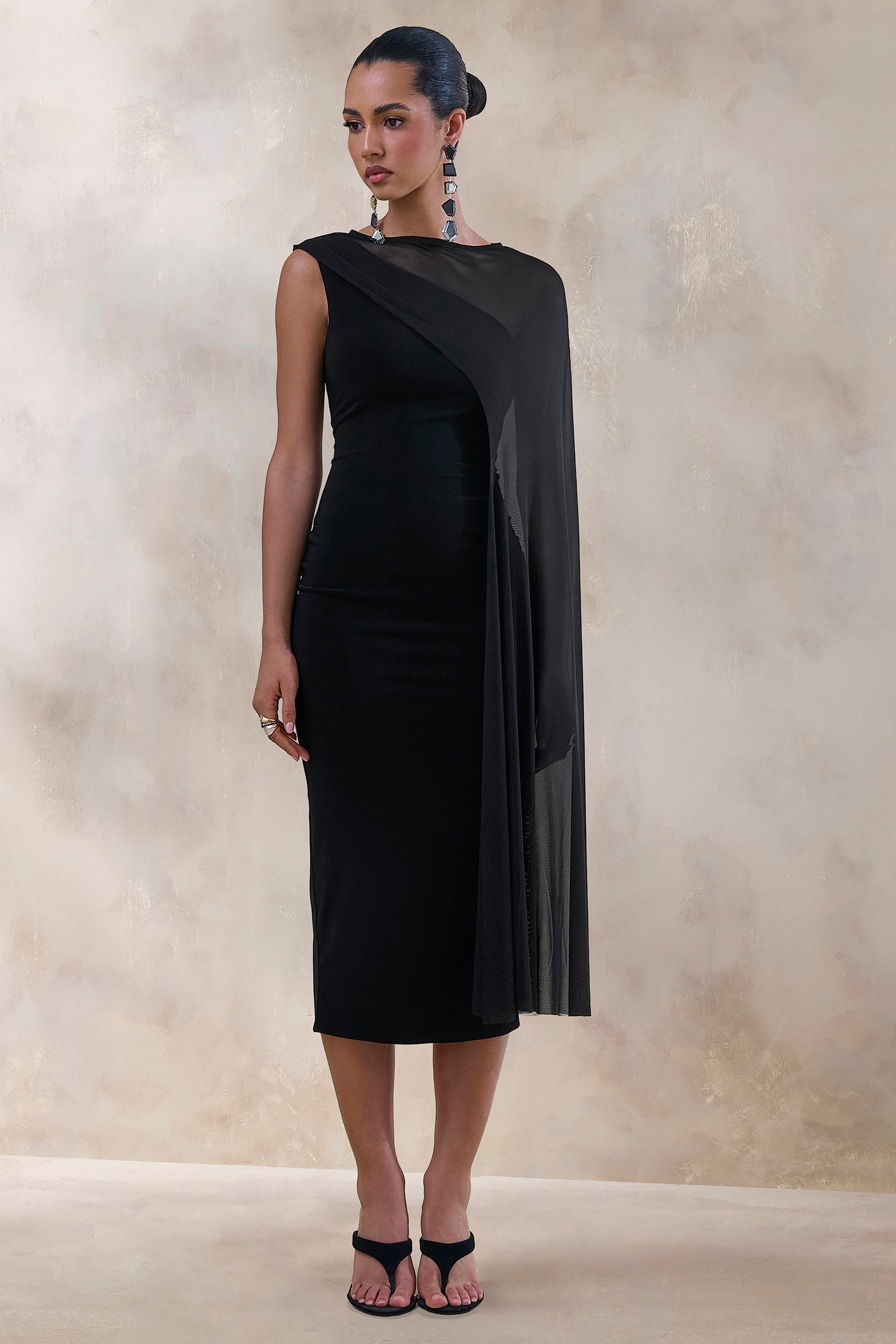 Caloria | Black Asymmetric-Neck Midi Dress With Mesh-Cape