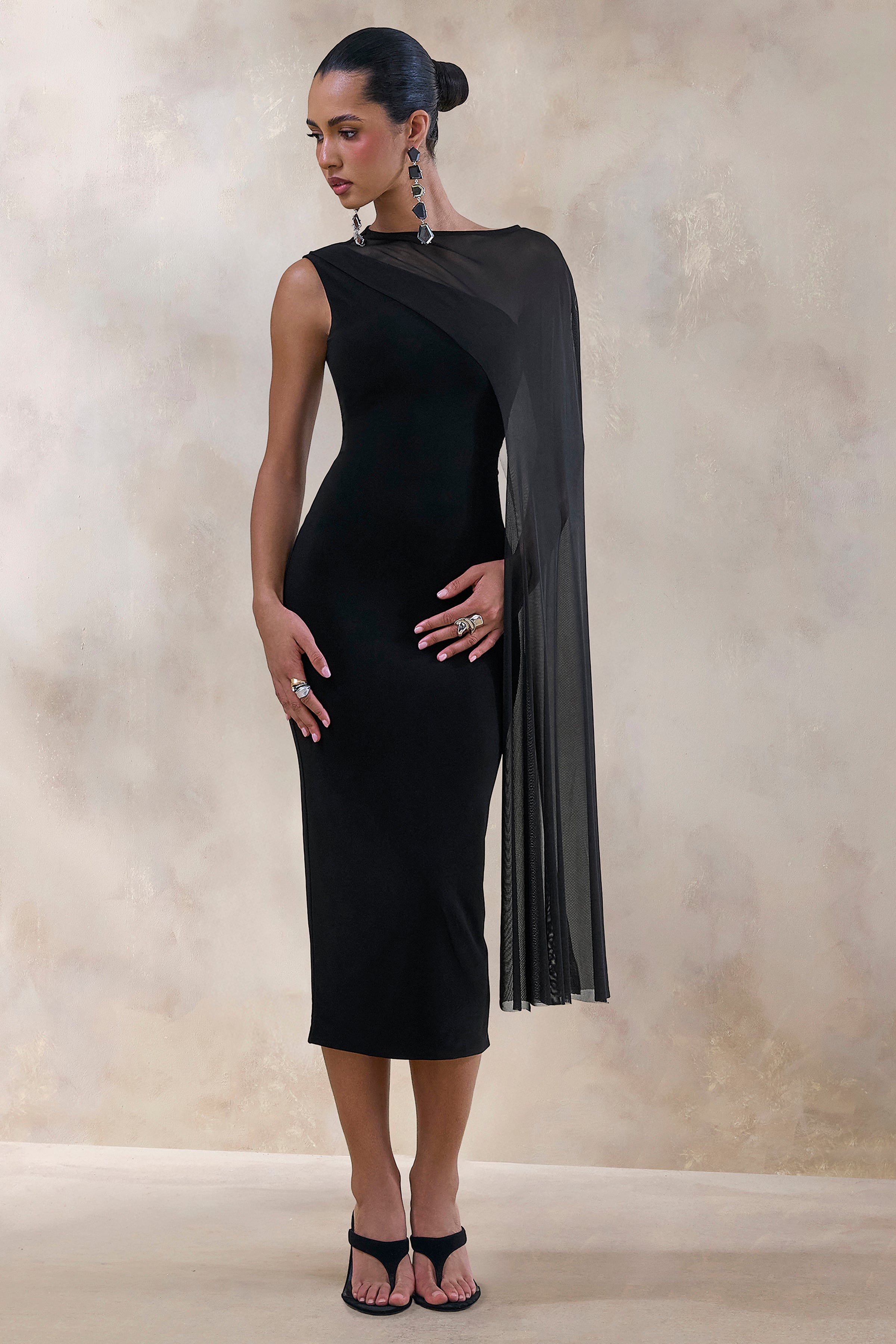Caloria | Black Asymmetric-Neck Midi Dress With Mesh-Cape – Club L