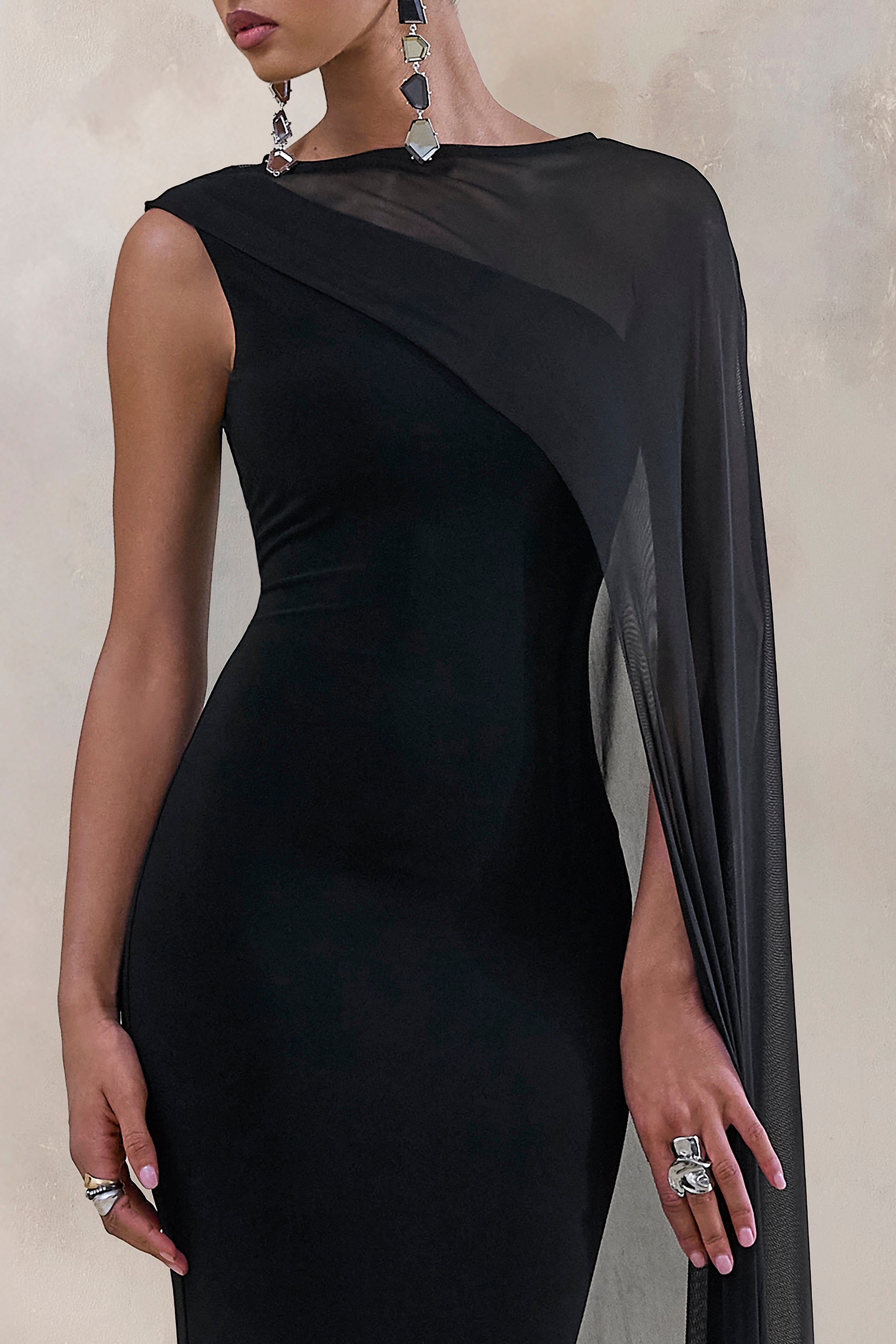 Caloria | Black Asymmetric-Neck Midi Dress With Mesh-Cape – Club L