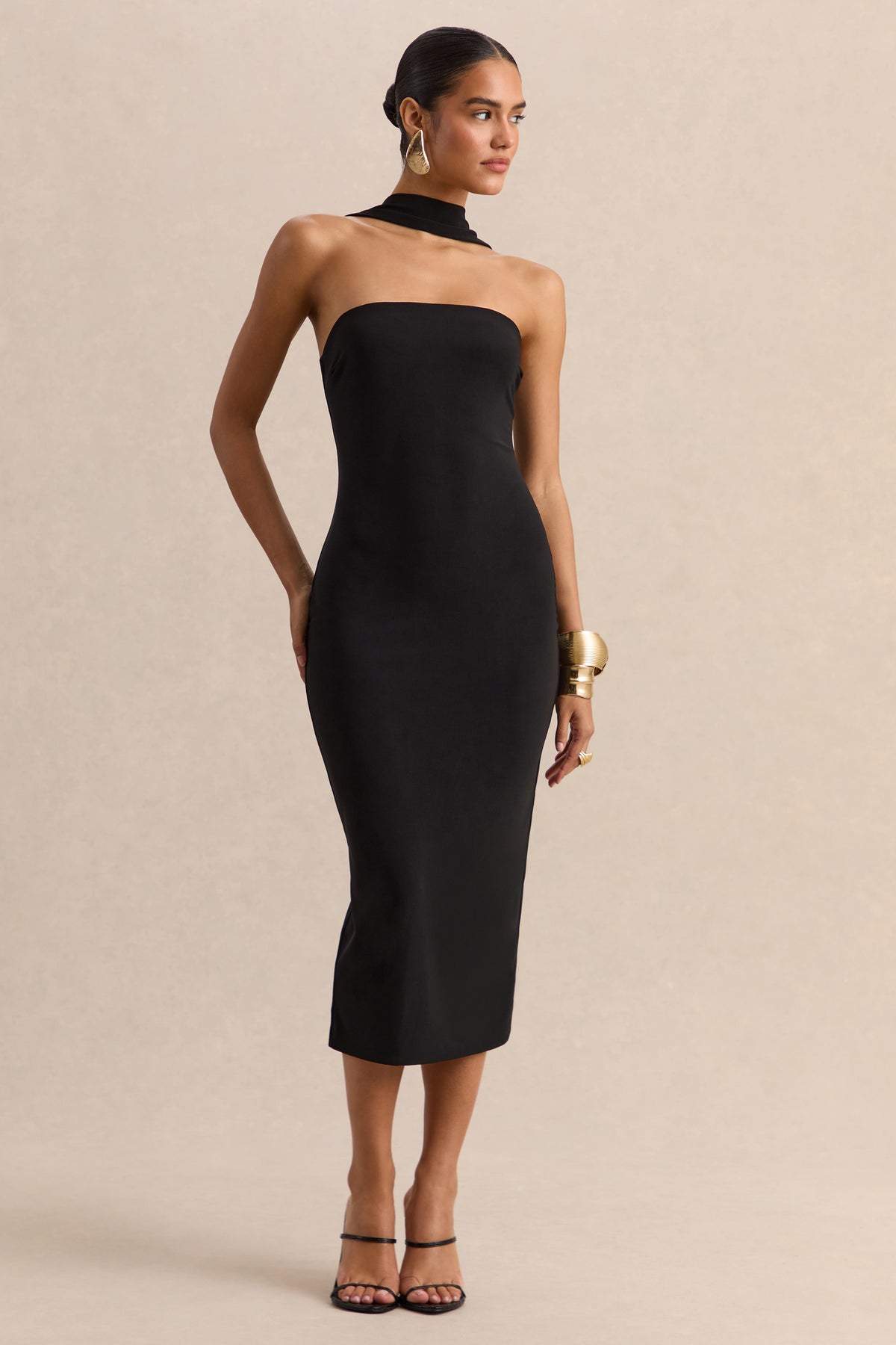Amariah Black Bandeau Midi Dress With Scarf-Detail Club L London - USA Amariah Black Bandeau Midi Dress With Scarf-Detail Club L London - USA