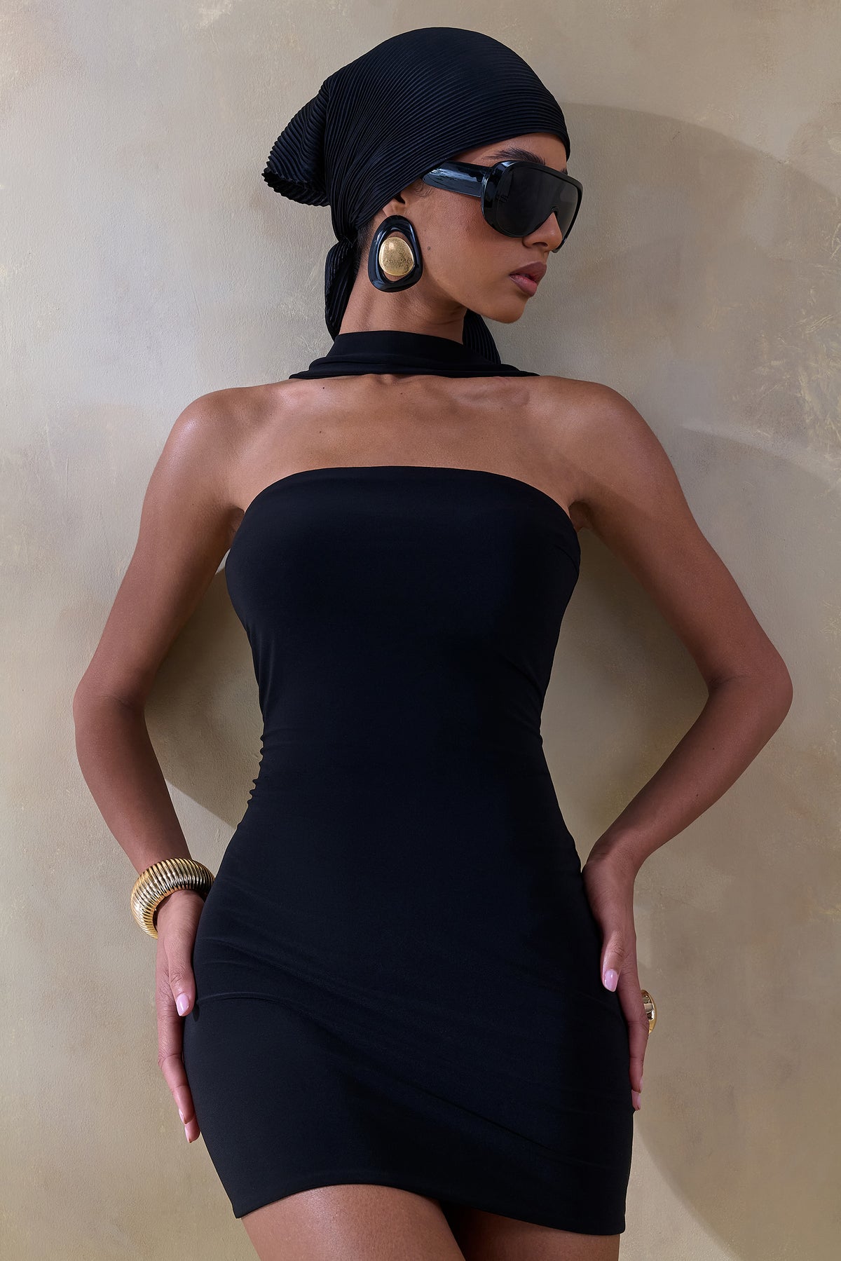 Caresse Black Bandeau Mini-Dress With Scarf-Detail Club L London - USA Caresse Black Bandeau Mini-Dress With Scarf-Detail Club L London - USA