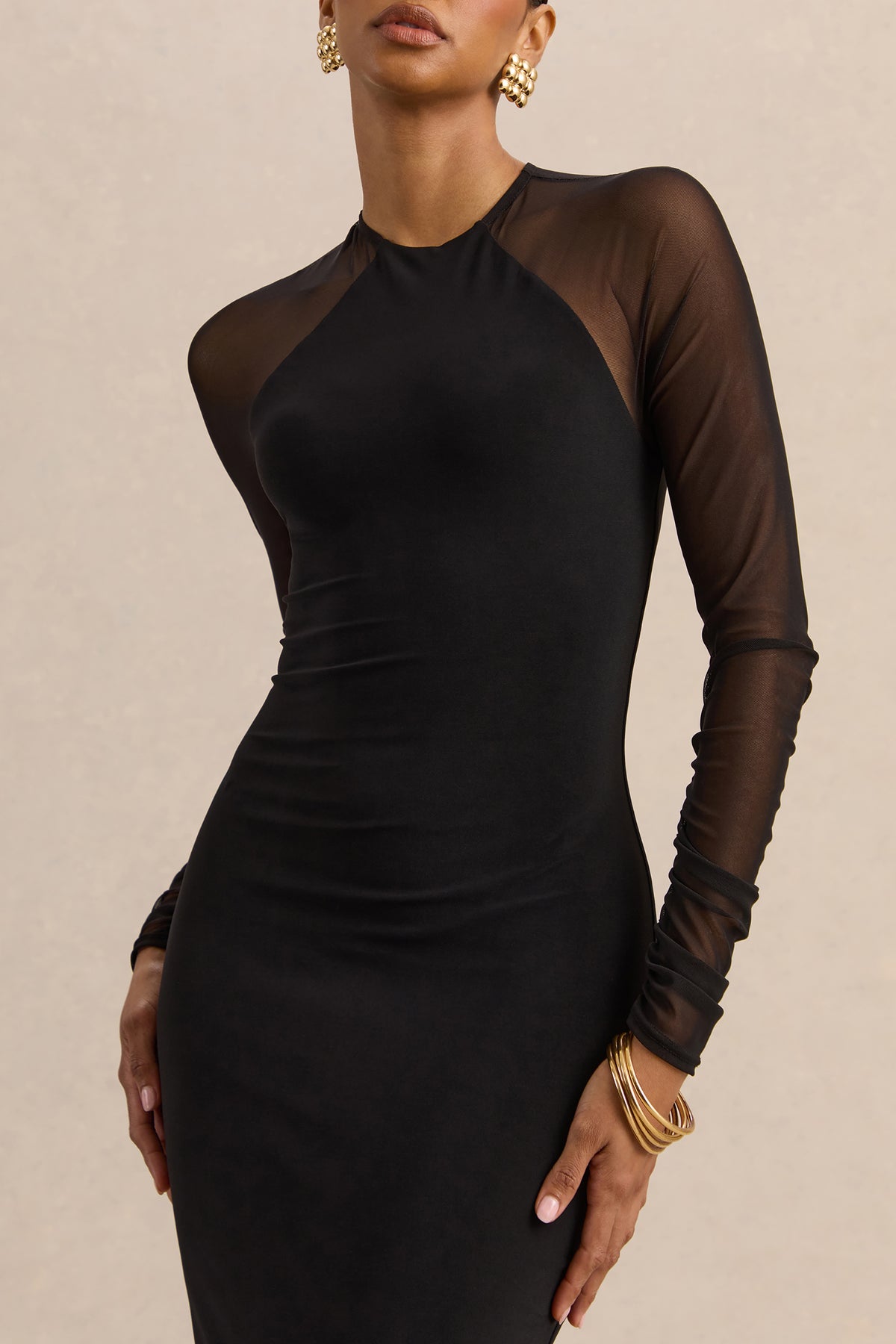Aurevia | Black Crew-Neck Midi Dress With Long Mesh-Sleeves - UK 10 Black Aurevia | Black Crew-Neck Midi Dress With Long Mesh-Sleeves - UK 10 Black