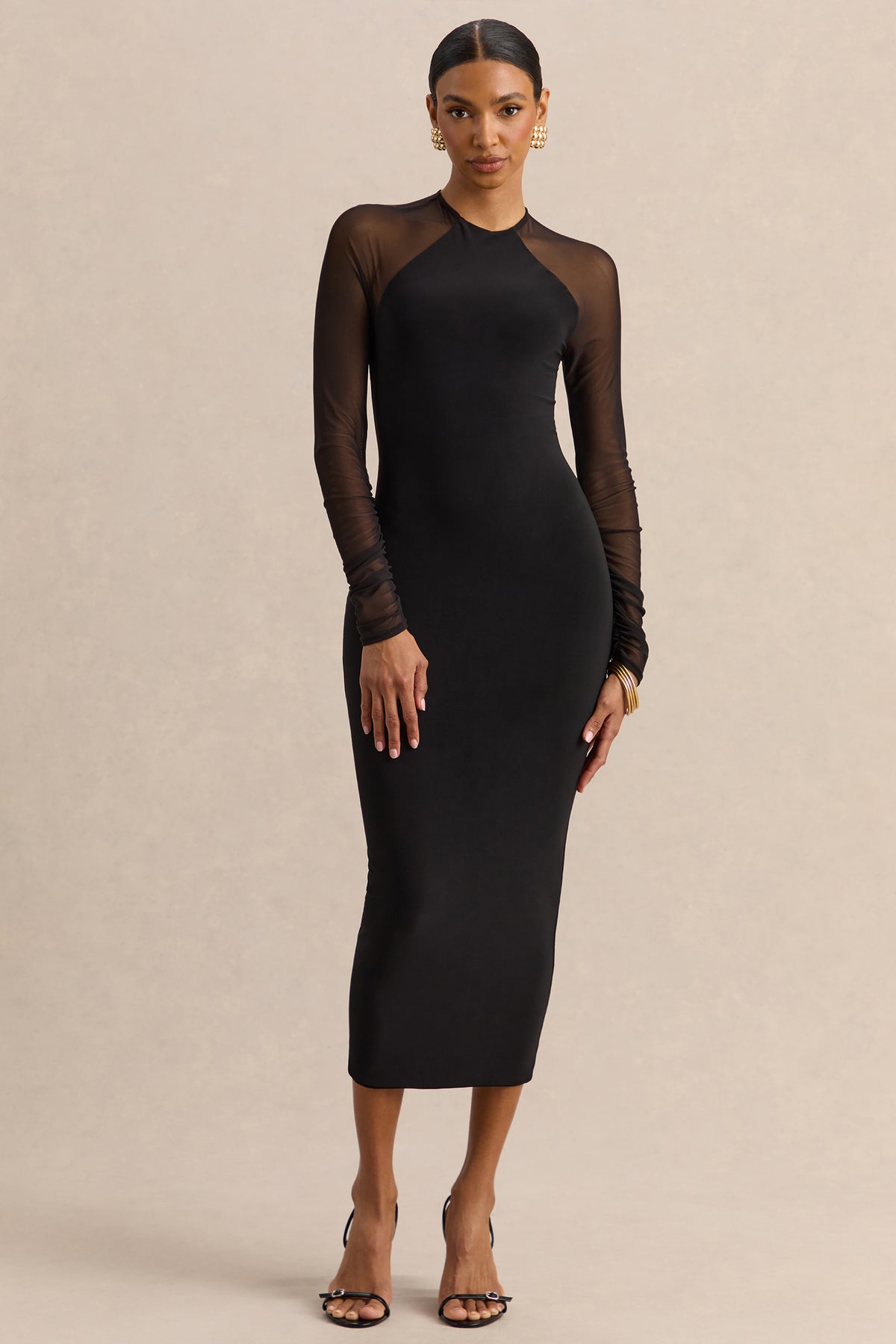 Aurevia Black Crew-Neck Midi Dress With Long Mesh-Sleeves – Club L London