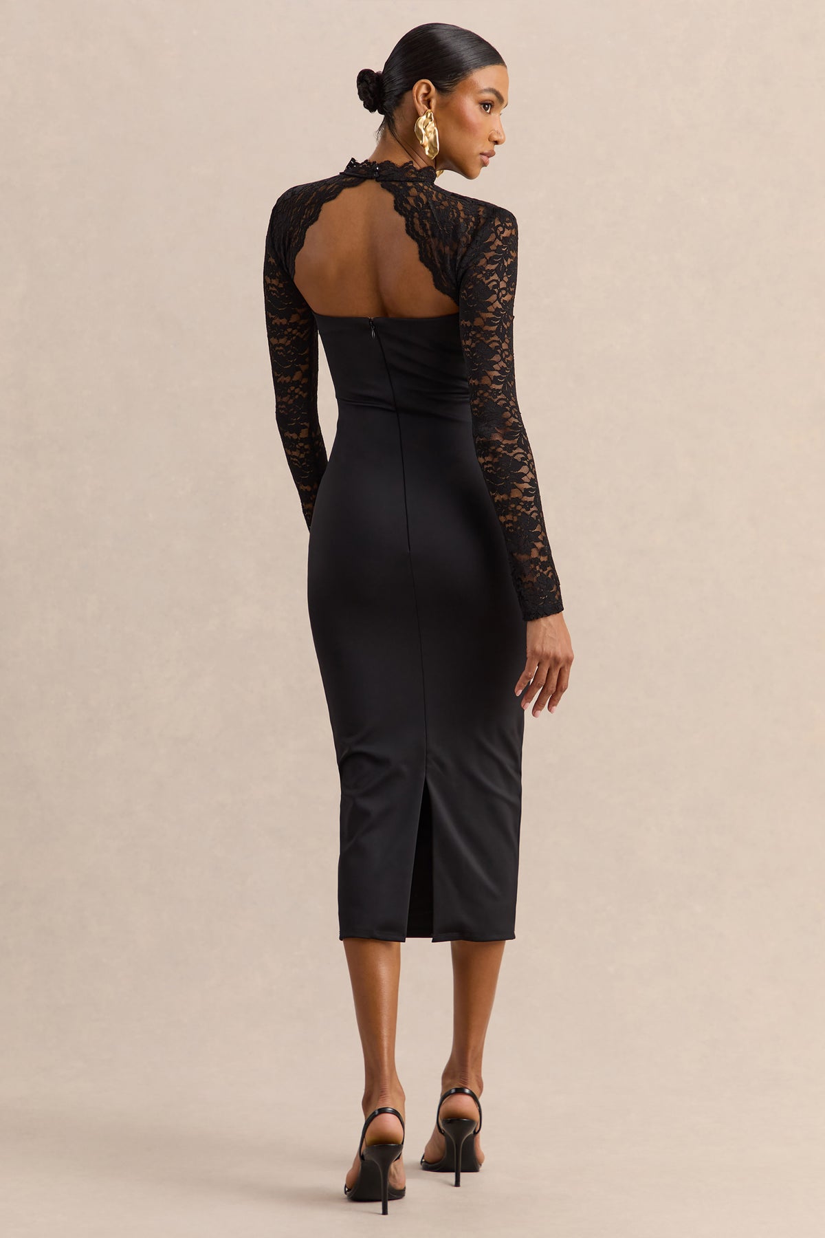 Arlune | Black High-Neck Midi Dress With Long Lace-Sleeves - UK 8 Black Arlune | Black High-Neck Midi Dress With Long Lace-Sleeves - UK 8 Black