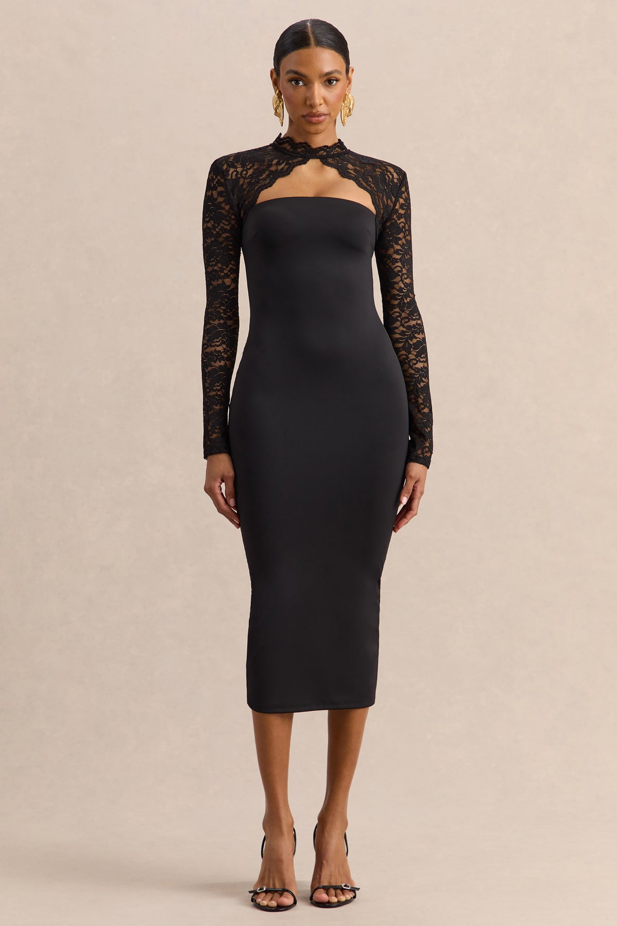 Arlune | Black High-Neck Midi Dress With Long Lace-Sleeves - UK 8 Black Arlune | Black High-Neck Midi Dress With Long Lace-Sleeves - UK 8 Black