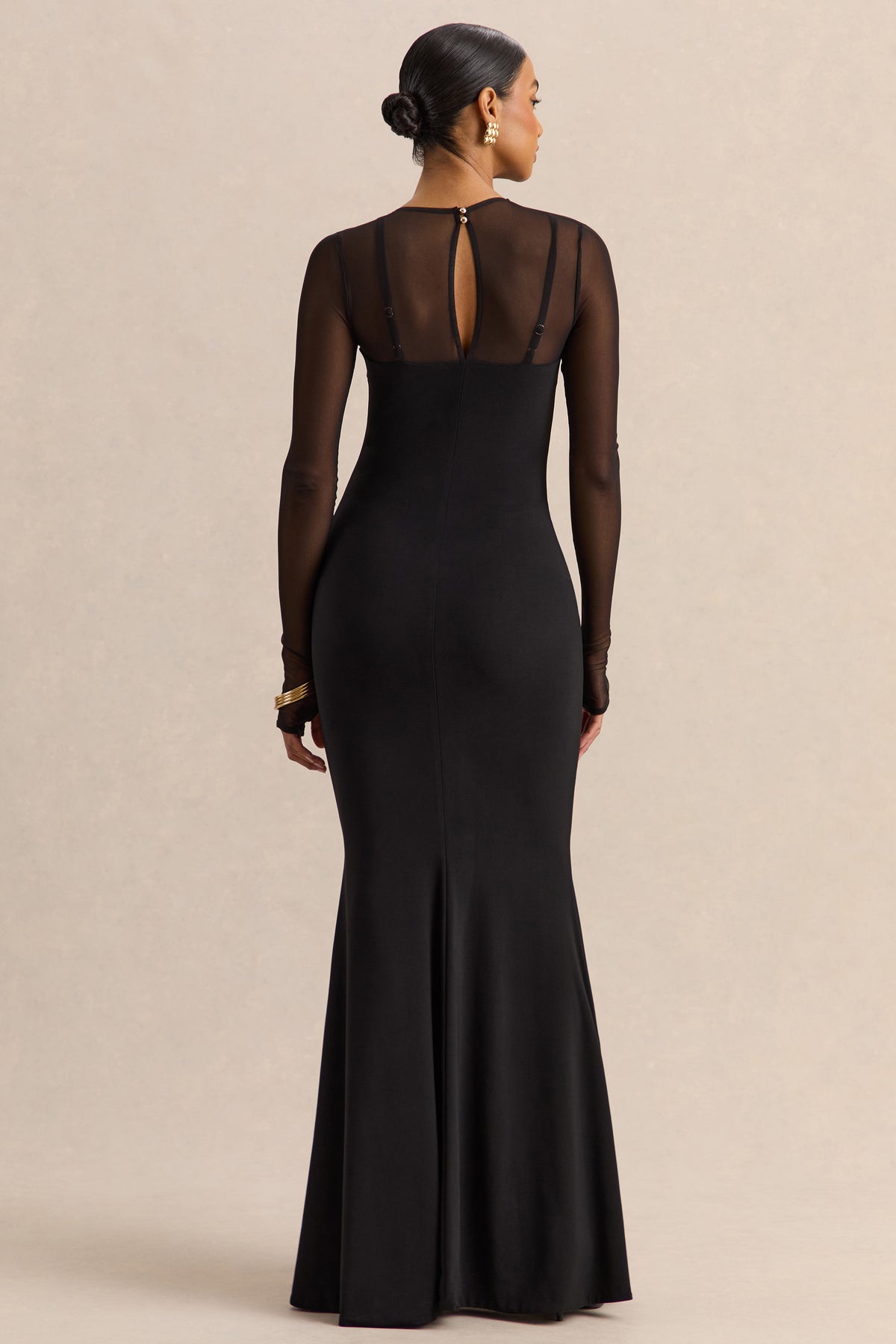 Coralia Black Asymmetric-Neck Maxi Dress With Mesh Long-Sleeves – Club ...