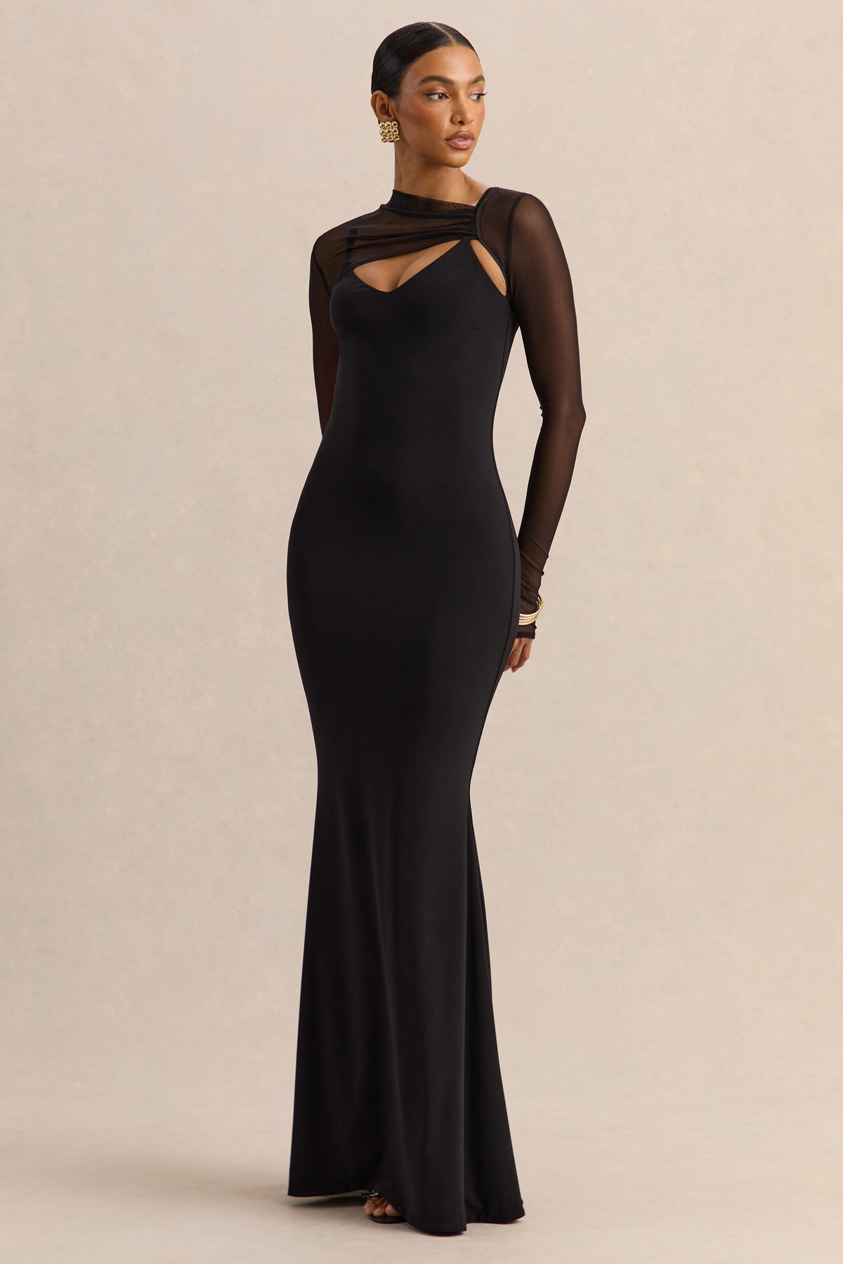 Coralia Black Asymmetric-Neck Maxi Dress With Mesh Long-Sleeves – Club ...