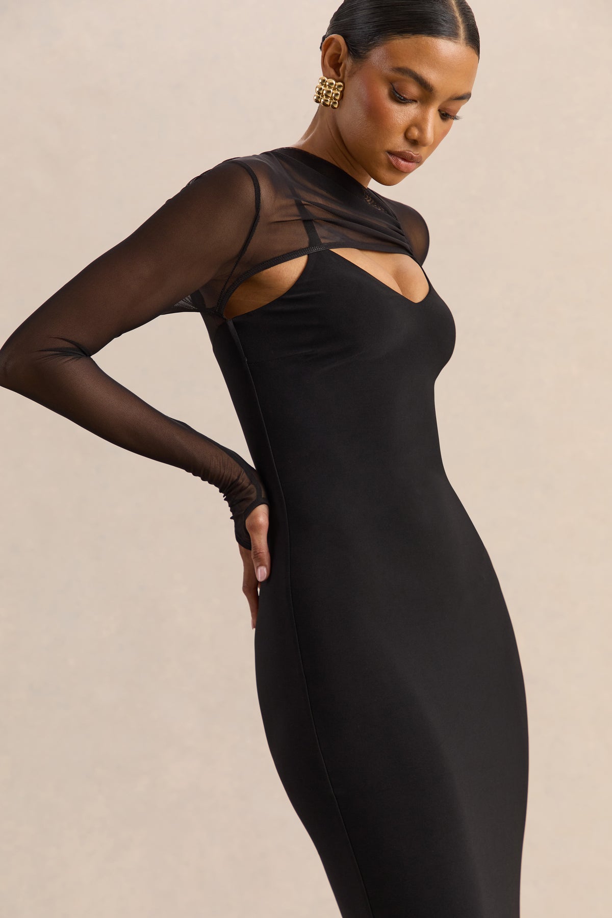 Coralia Black Asymmetric-Neck Maxi Dress With Mesh Long-Sleeves – Club ...