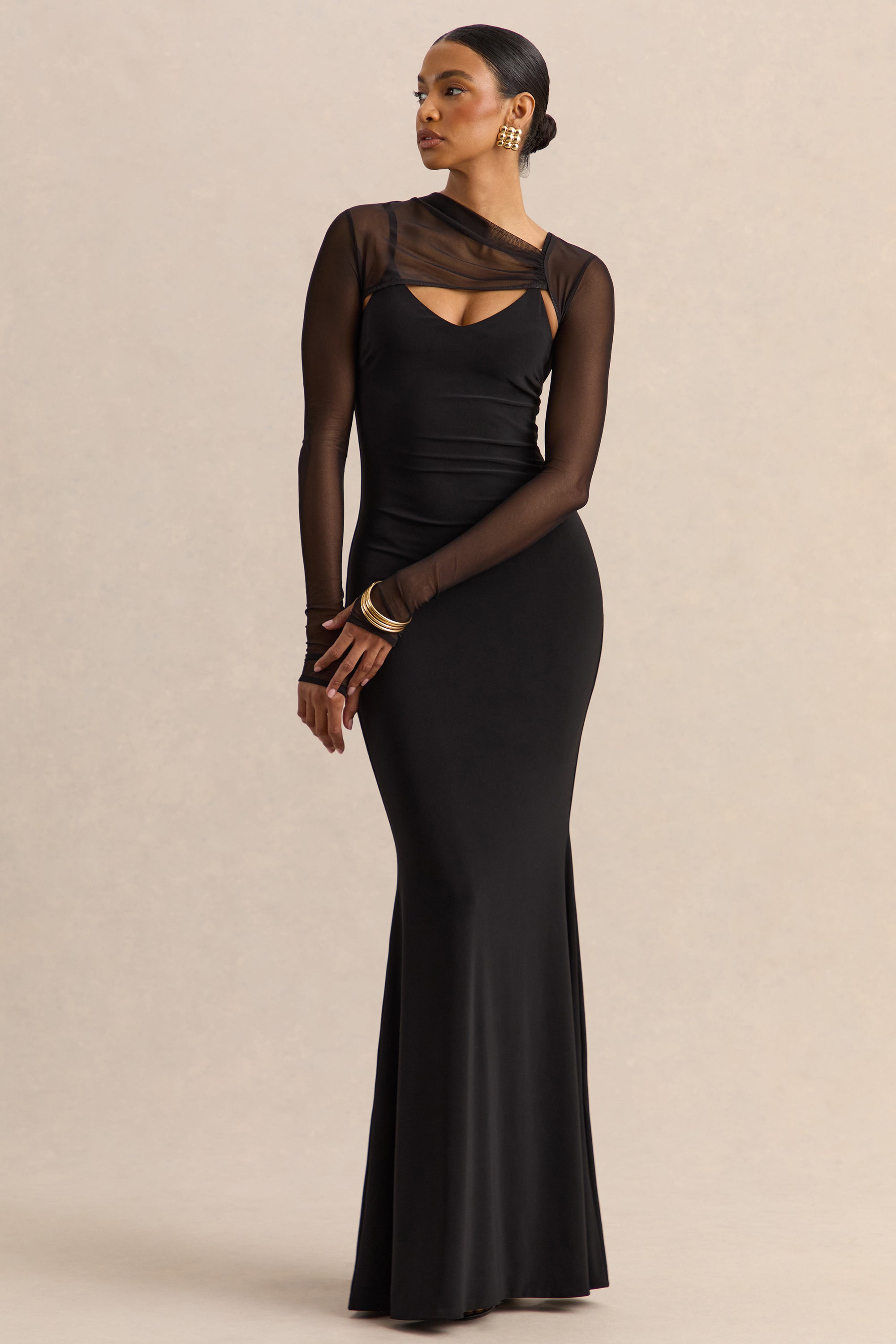 Coralia | Black Asymmetric-Neck Maxi Dress With Mesh Long-Sleeves