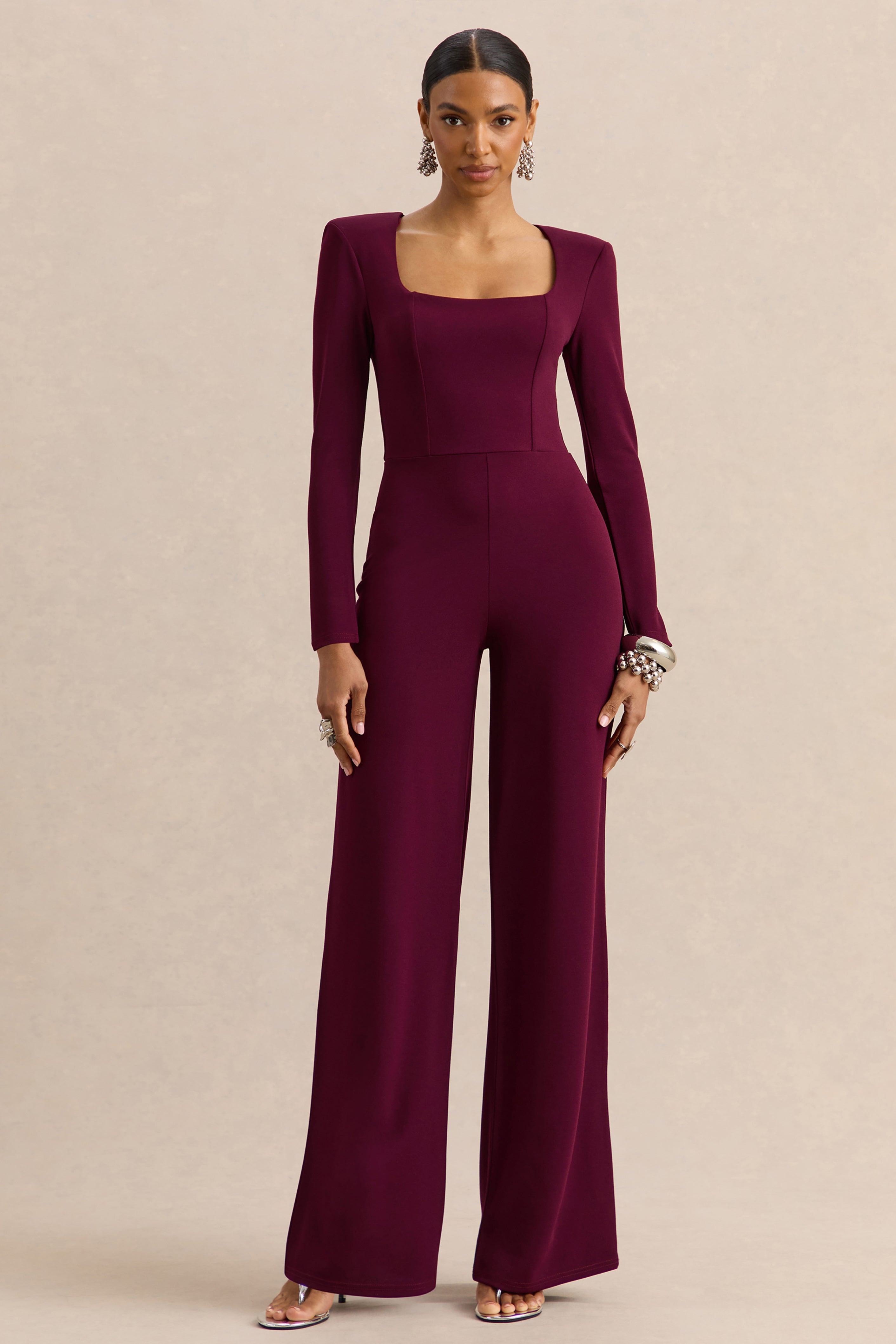 Elasse | Burgundy Square-Neck Jumpsuit – Club L London - USA