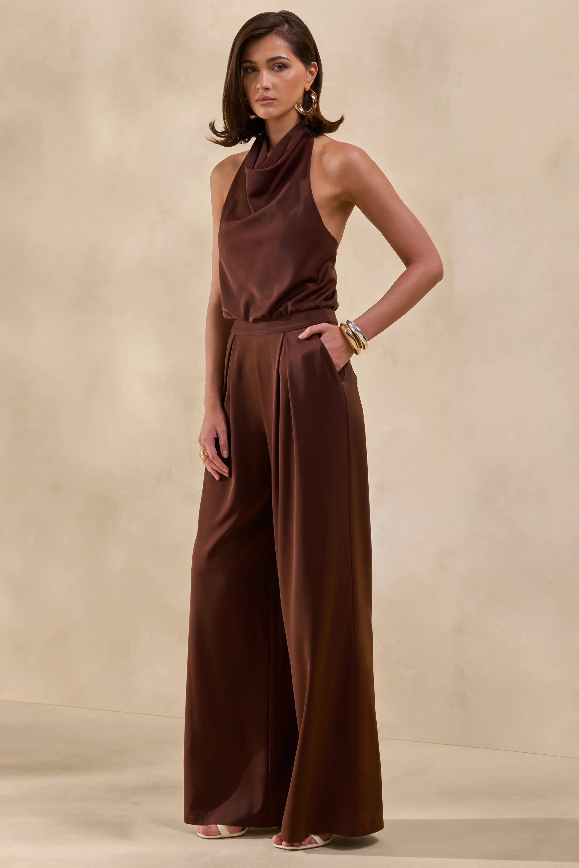 Elisra | Brown Satin Halter-Neck Jumpsuit – Club L London - USA