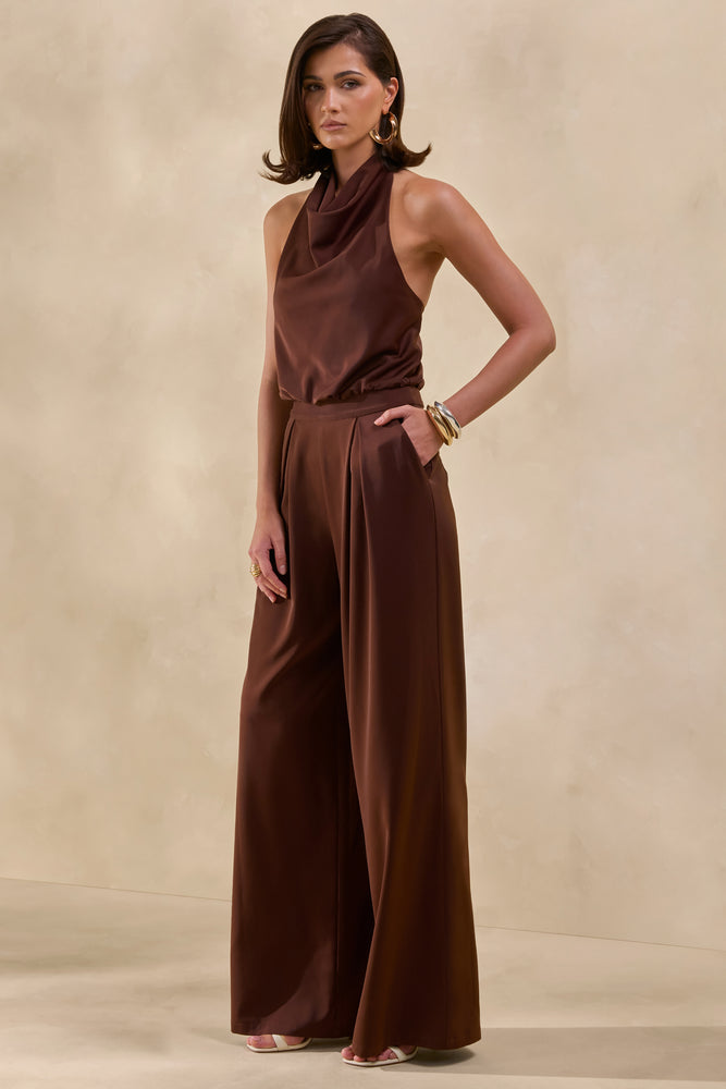 Elisra Brown Satin Halter-Neck Jumpsuit Club L London - USA Elisra Brown Satin Halter-Neck Jumpsuit Club L London - USA