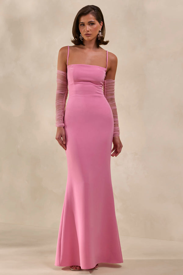 plus size long sleeve chiffon maxi dress Pinkblush Light Pink Chiffon Long Sleeve Pleated Plus Maternity Maxi Dress 1X