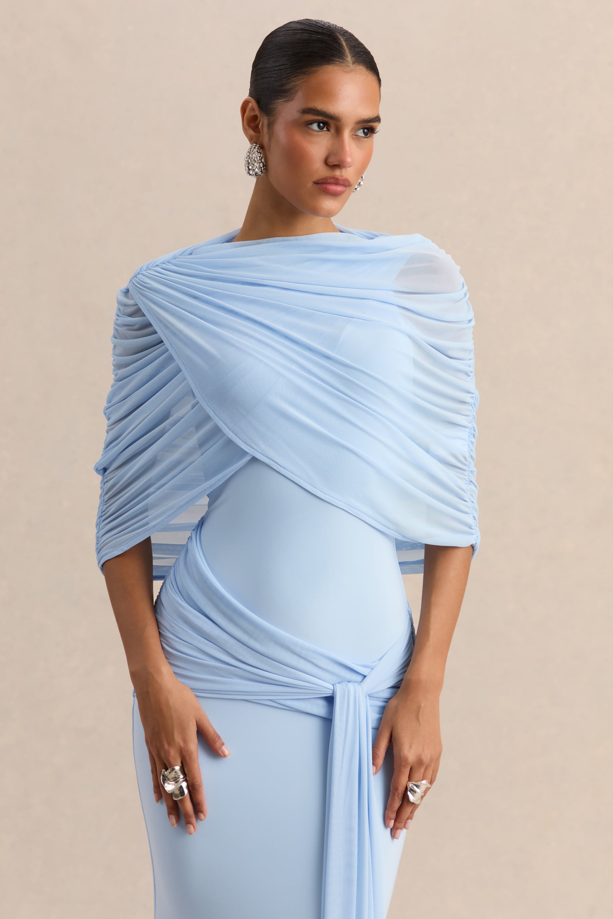 powder blue women's dress Powder Blue 3D Floral Surplice Maxi Dress | Womens | X-Large (Available in XS, S, M, L) | 100% Polyester