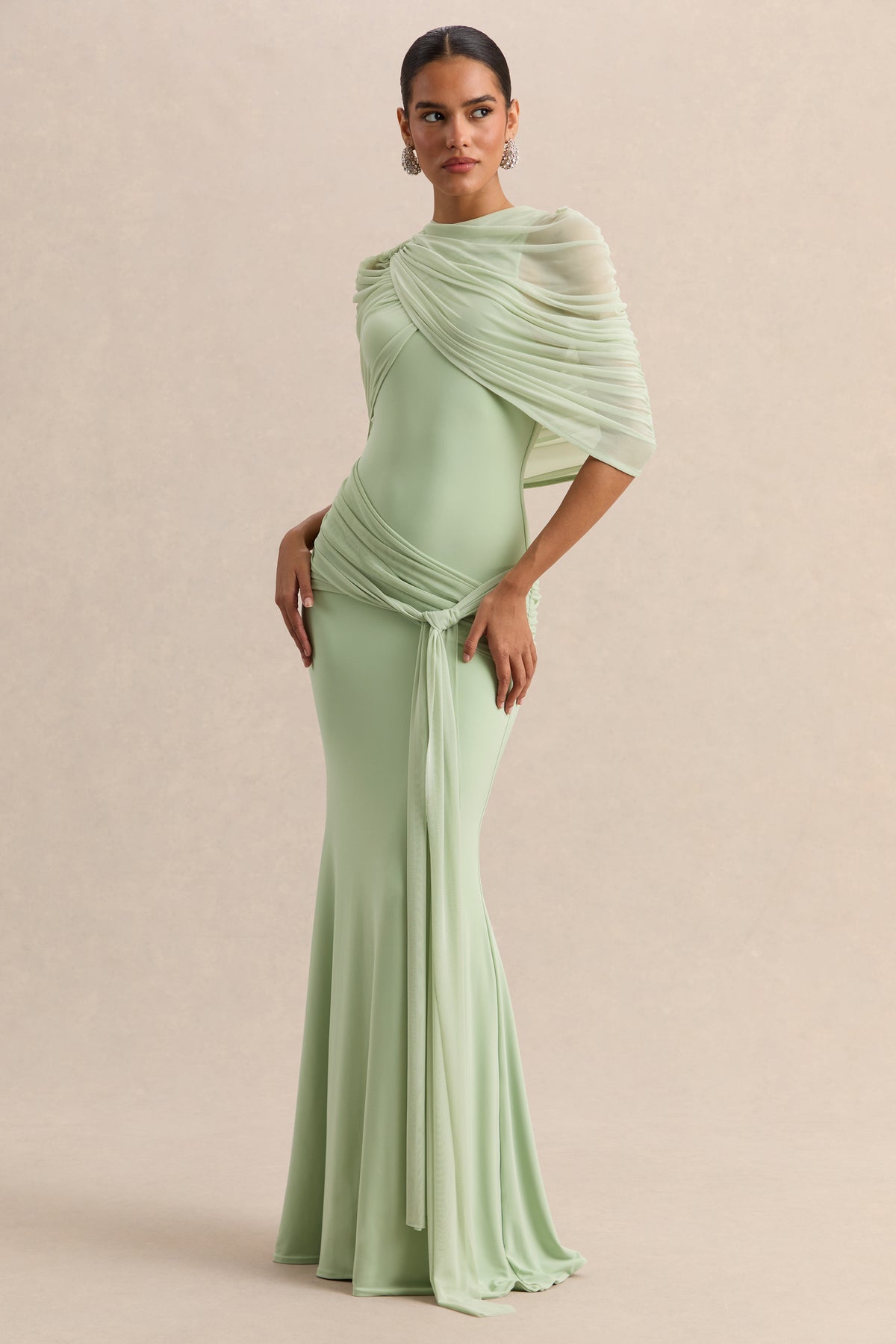 Mirene Mint Round-Neck Maxi-Dress With Gathered-Detailing And Sash Club L London - USA Mirene Mint Round-Neck Maxi-Dress With Gathered-Detailing And Sash Club L London - USA