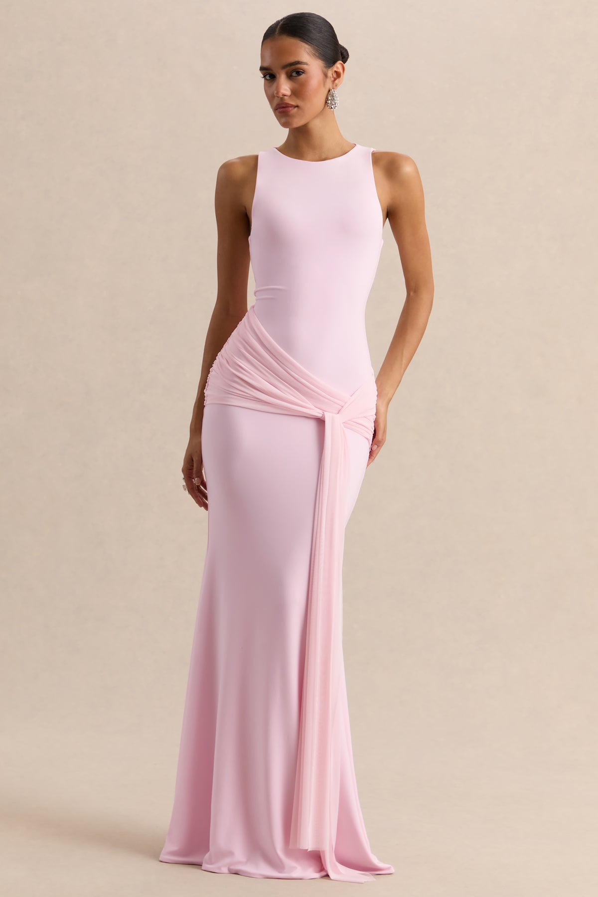 solid pink dress Mirene Light Pink Round-Neck Maxi-Dress With Gathered-Detailing And – Club L London