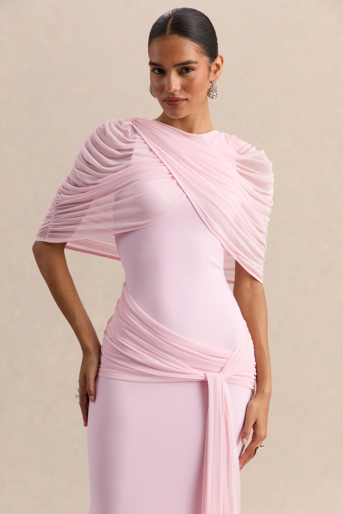 light pink maxi dress with sleeves Mirene Light Pink Round-Neck Maxi-Dress With Gathered-Detailing And – Club L London