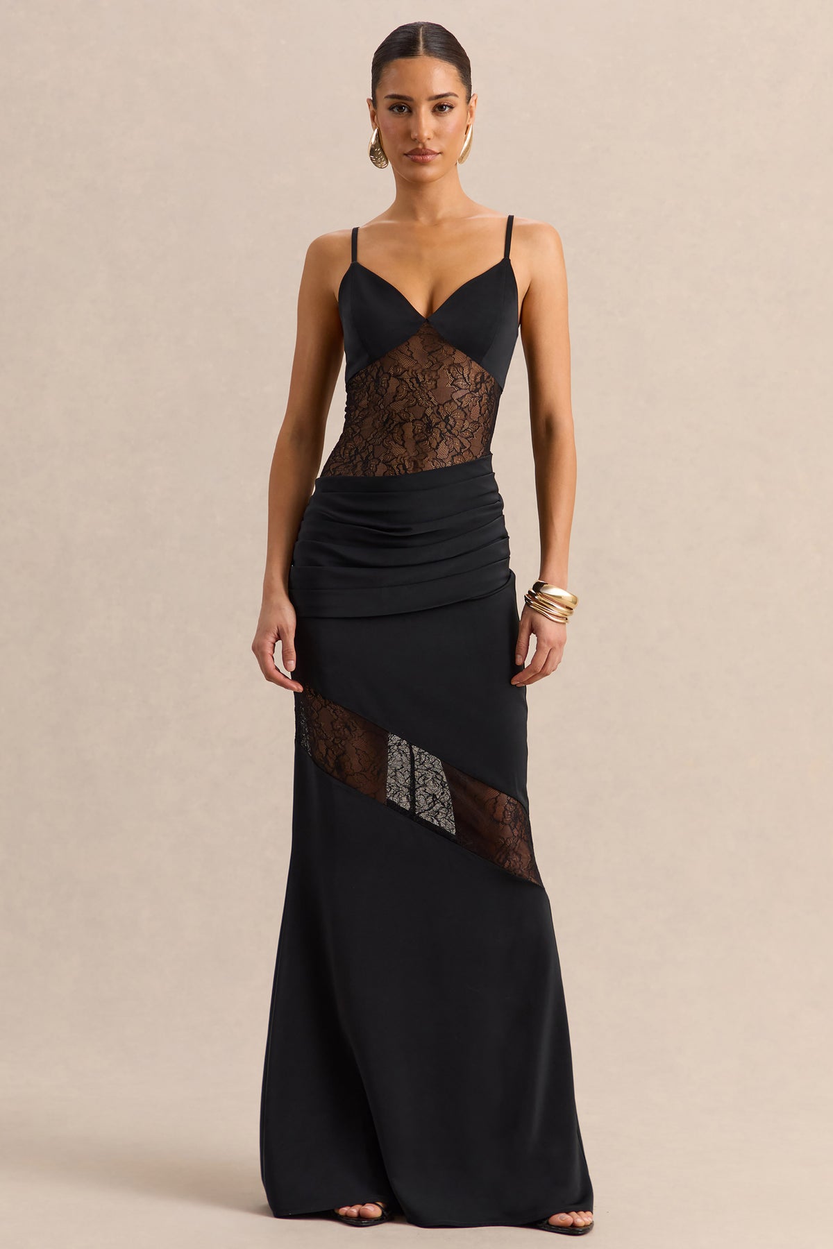 black satin dress maxi Belvair | Black Satin And Lace Maxi Dress With Draped-Detail