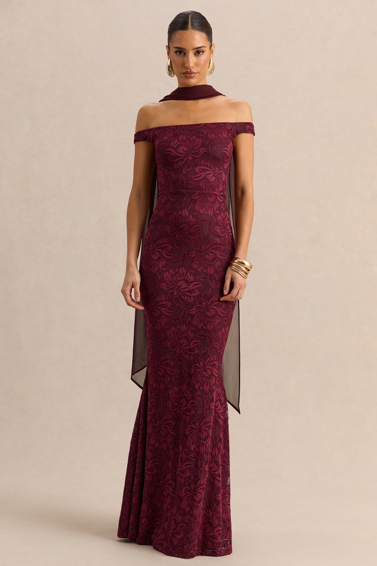 Iselle Burgundy Lace Bardot-Neck Maxi Dress With Scarf-Detail – Club L