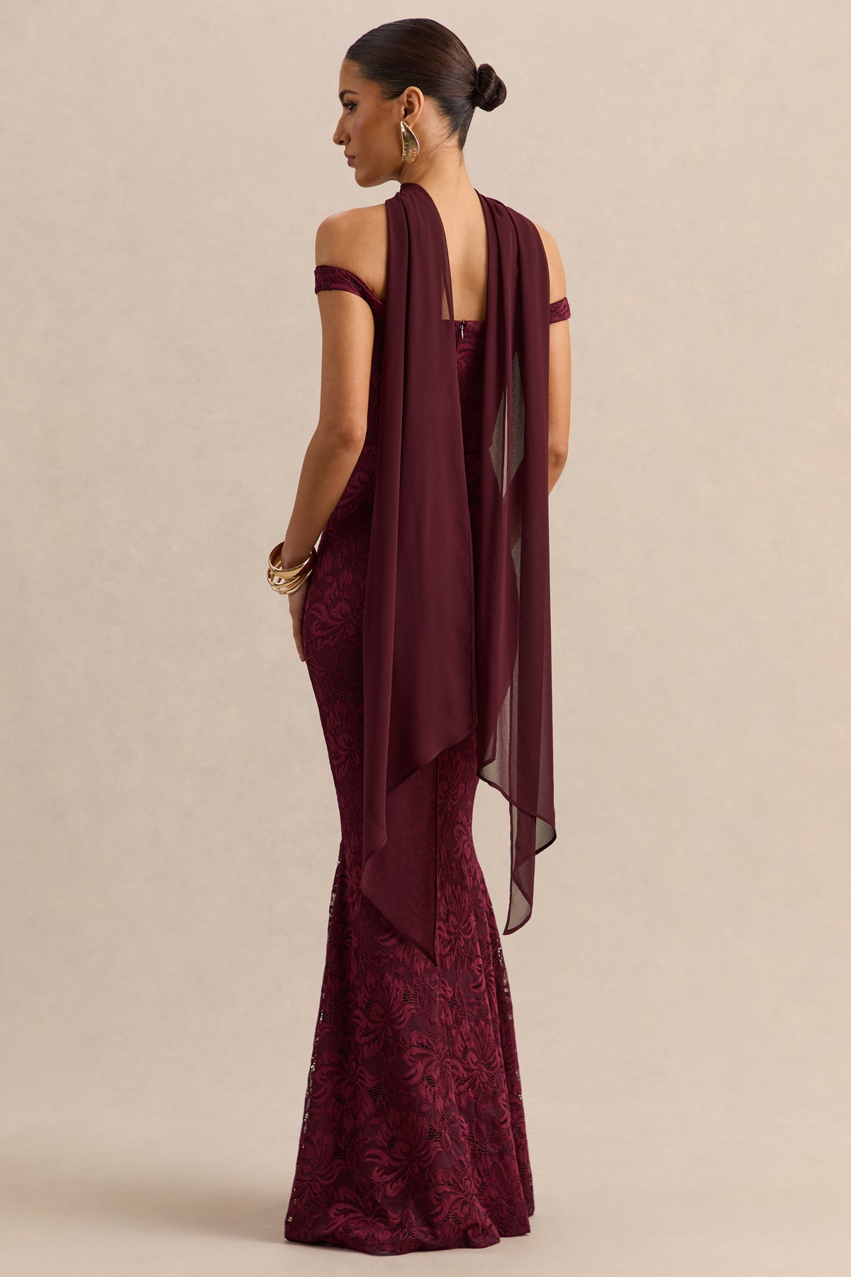 Iselle Burgundy Lace Bardot-Neck Maxi Dress With Scarf-Detail – Club L  London