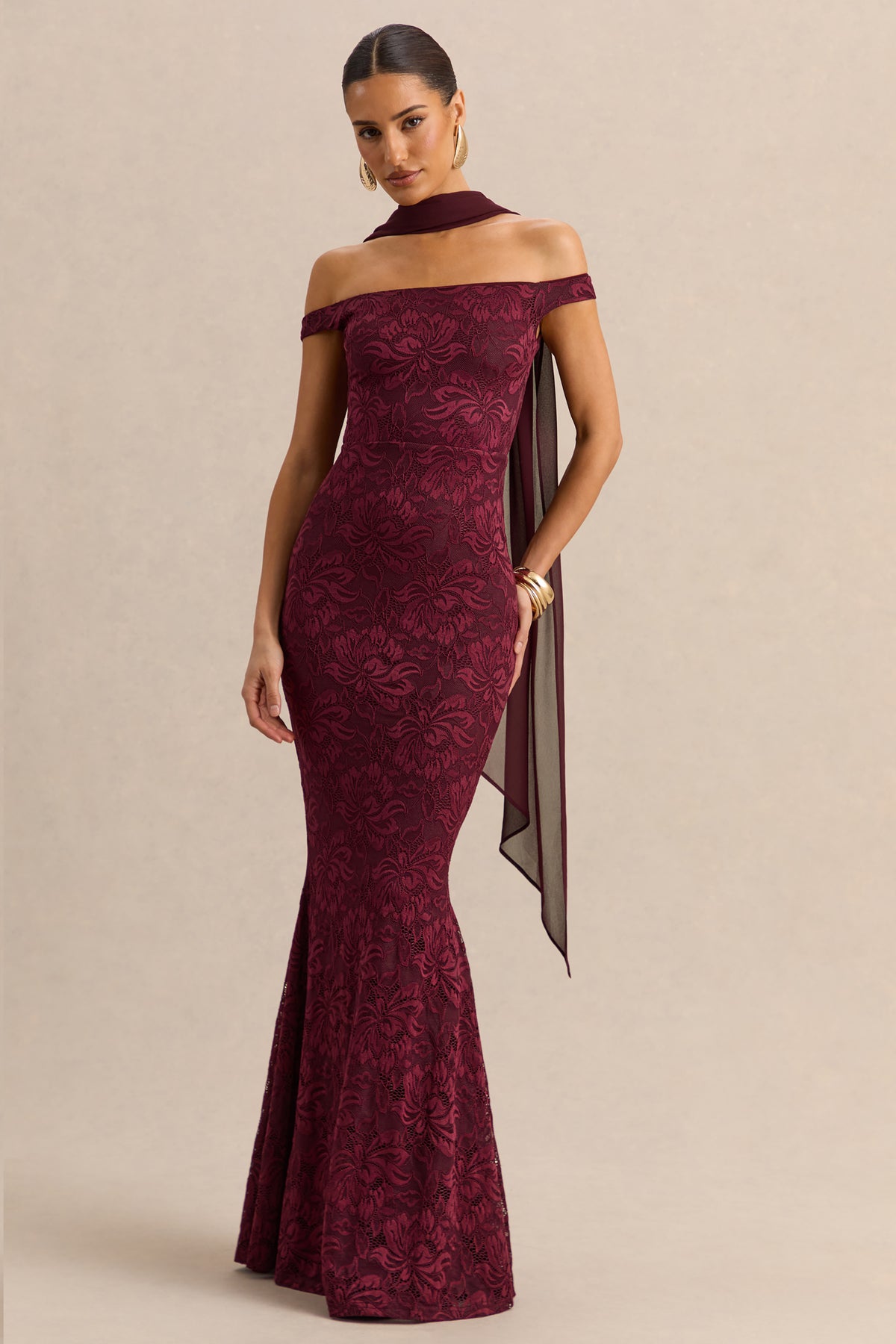 Iselle | Burgundy Lace Bardot-Neck Maxi Dress With Scarf-Detail - UK 16 Burgundy Iselle | Burgundy Lace Bardot-Neck Maxi Dress With Scarf-Detail - UK 16 Burgundy
