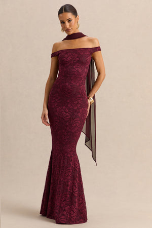 chinese dress ladies Iselle Burgundy Lace Bardot-Neck Maxi Dress With Scarf-Detail – Club L  London