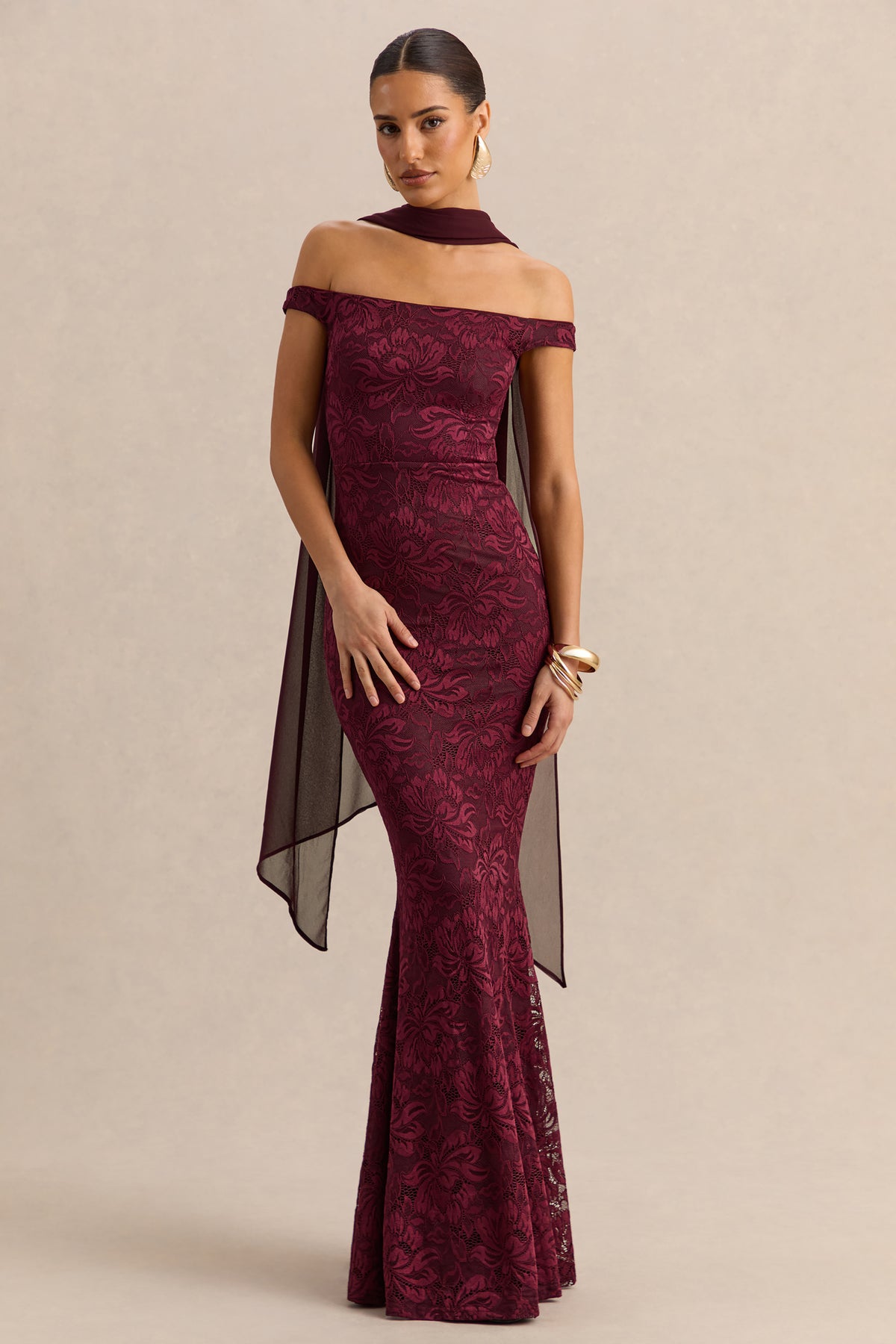 Iselle Burgundy Lace Bardot-Neck Maxi Dress With Scarf-Detail Club L London - USA Iselle Burgundy Lace Bardot-Neck Maxi Dress With Scarf-Detail Club L London - USA