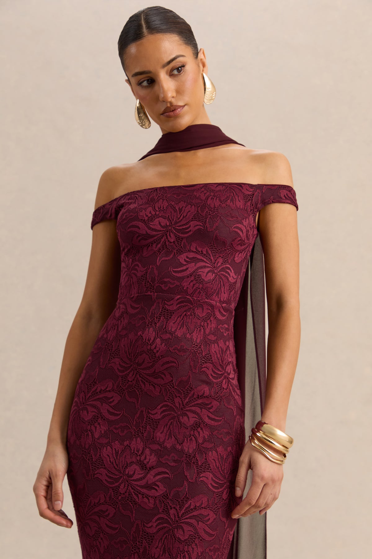 Iselle Burgundy Lace Bardot-Neck Maxi Dress With Scarf-Detail – Club L  London