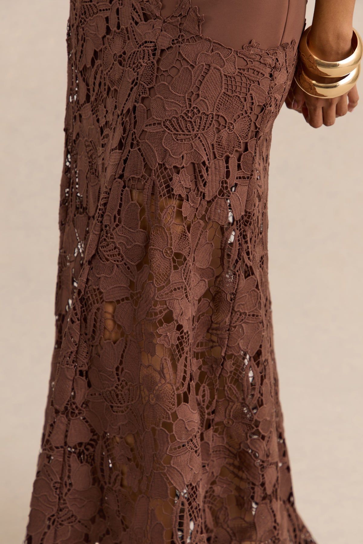 brown lace maxi dress Calune Brown Lace Wide-Neck Maxi Dress – Club L London