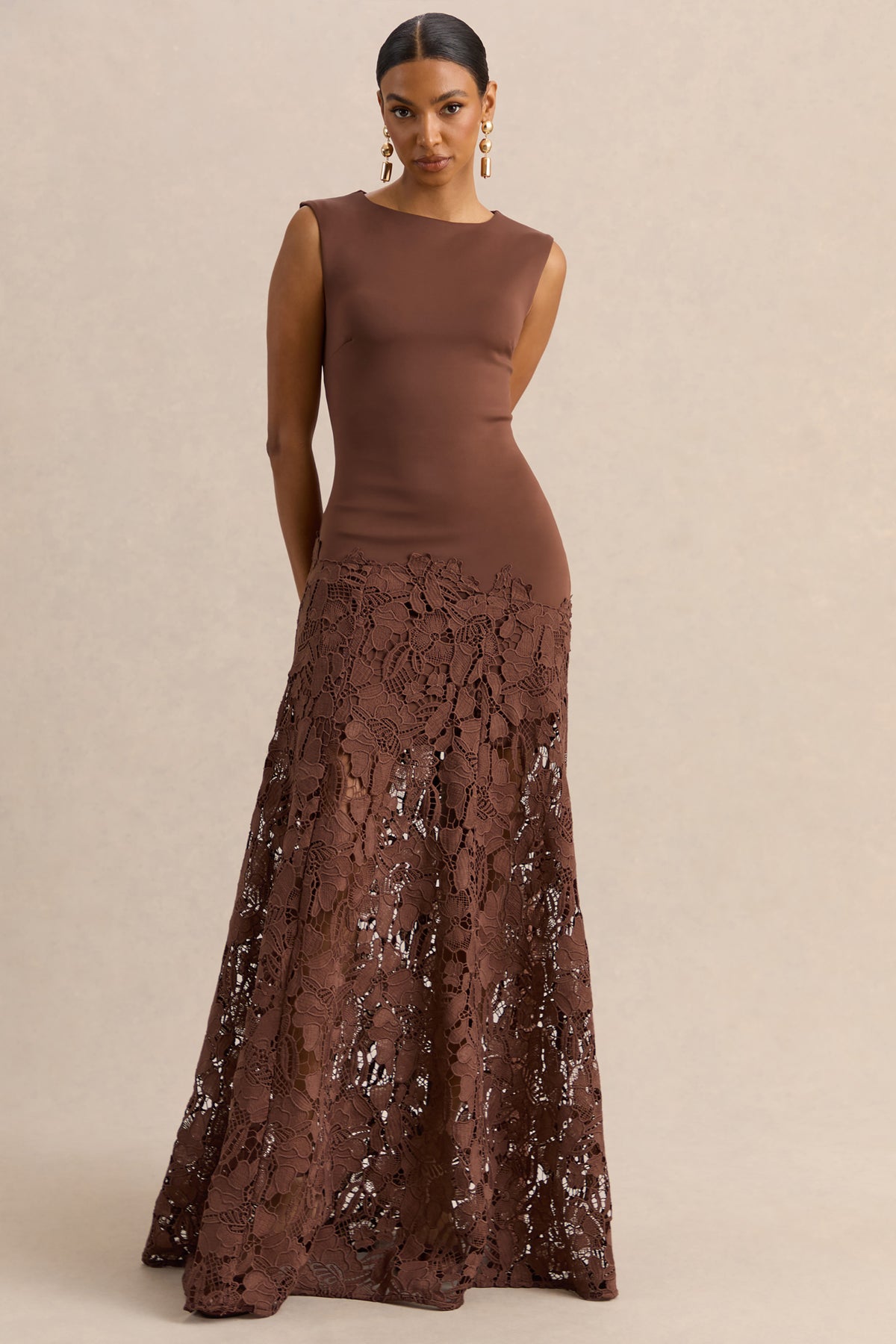 blue dress for baby girl Calune Brown Lace Wide-Neck Maxi Dress – Club L London