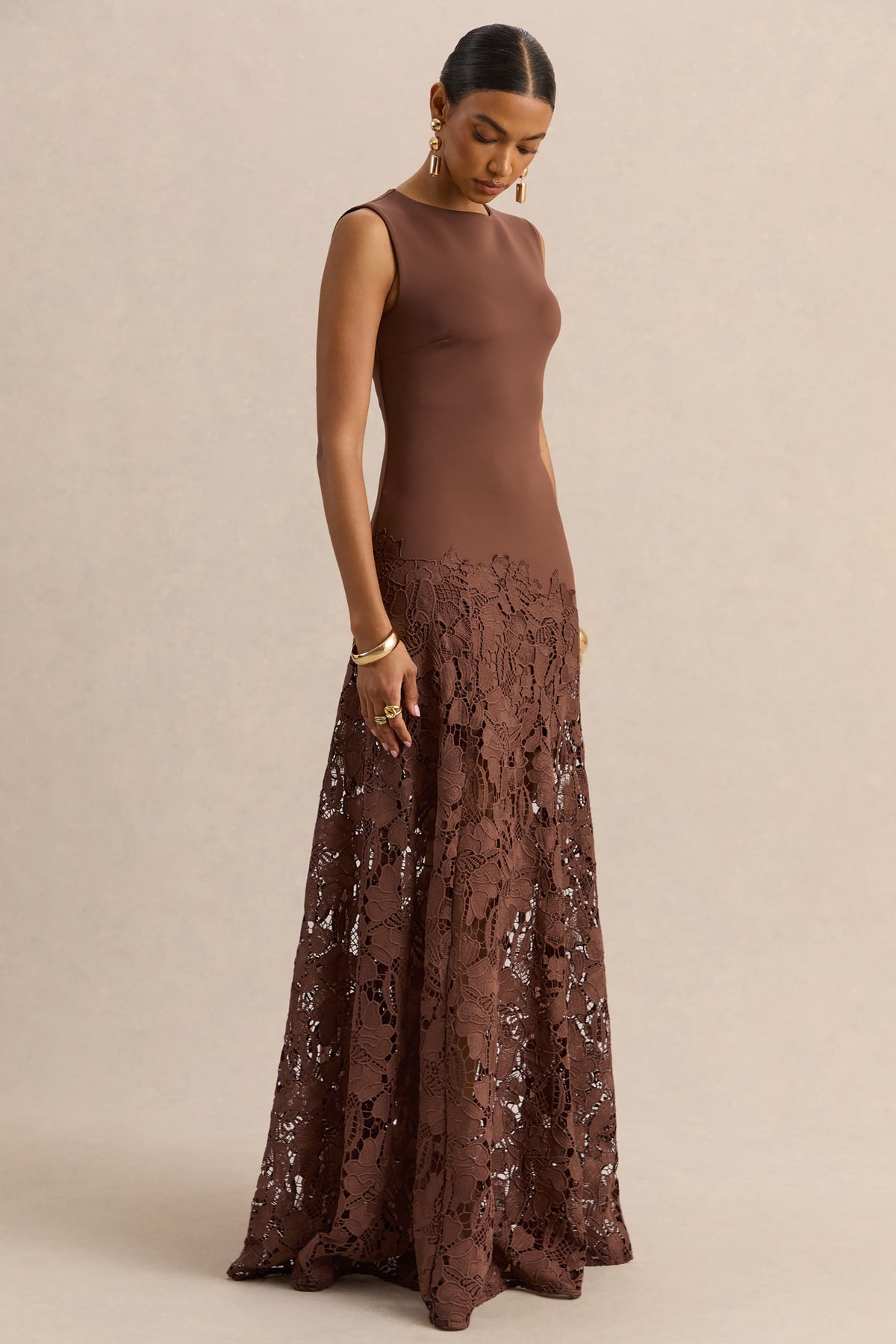 lace brown dress Calune Brown Lace Wide-Neck Maxi Dress – Club L London