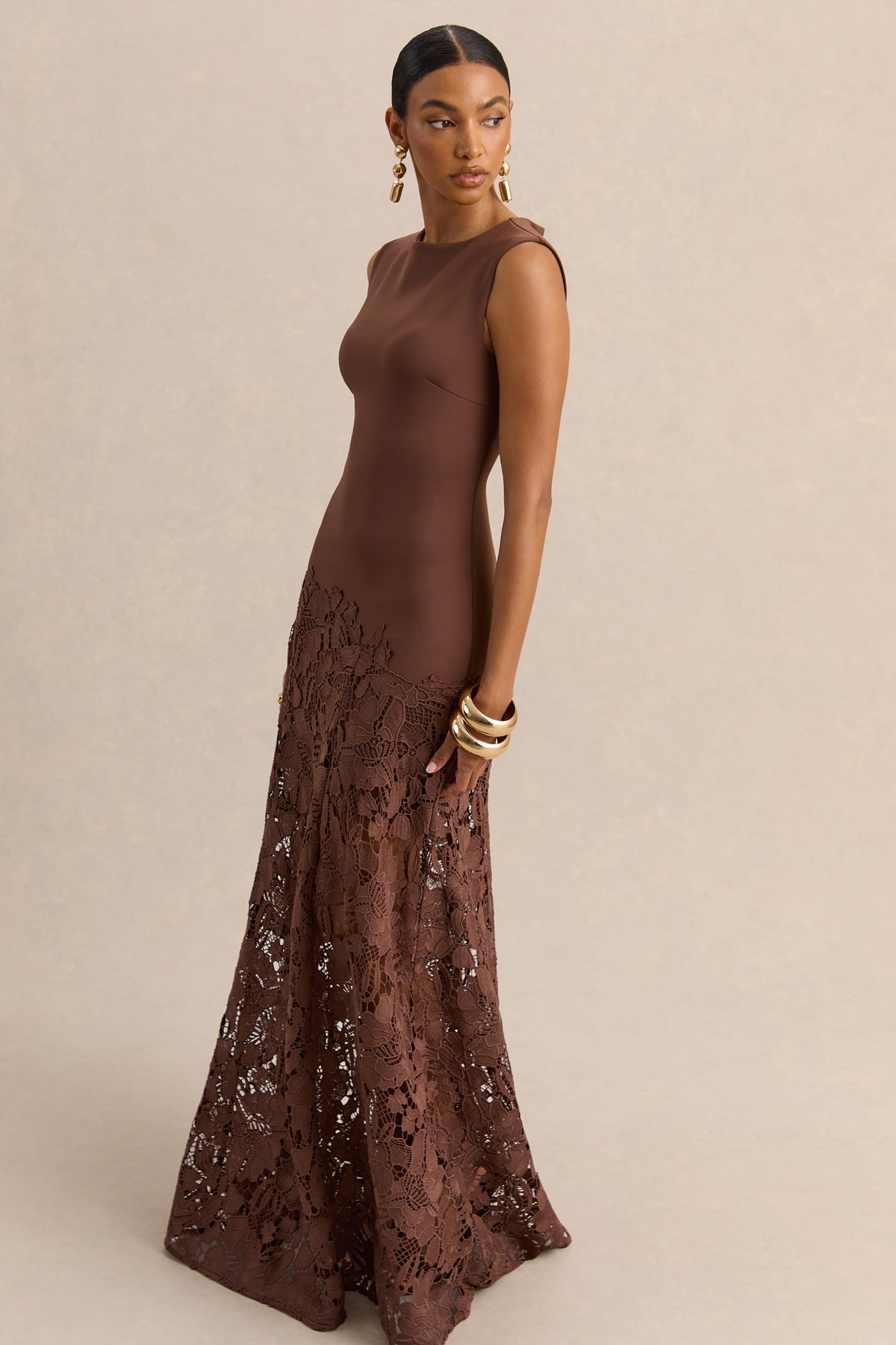 brown lace maxi dress Calune Brown Lace Wide-Neck Maxi Dress – Club L London