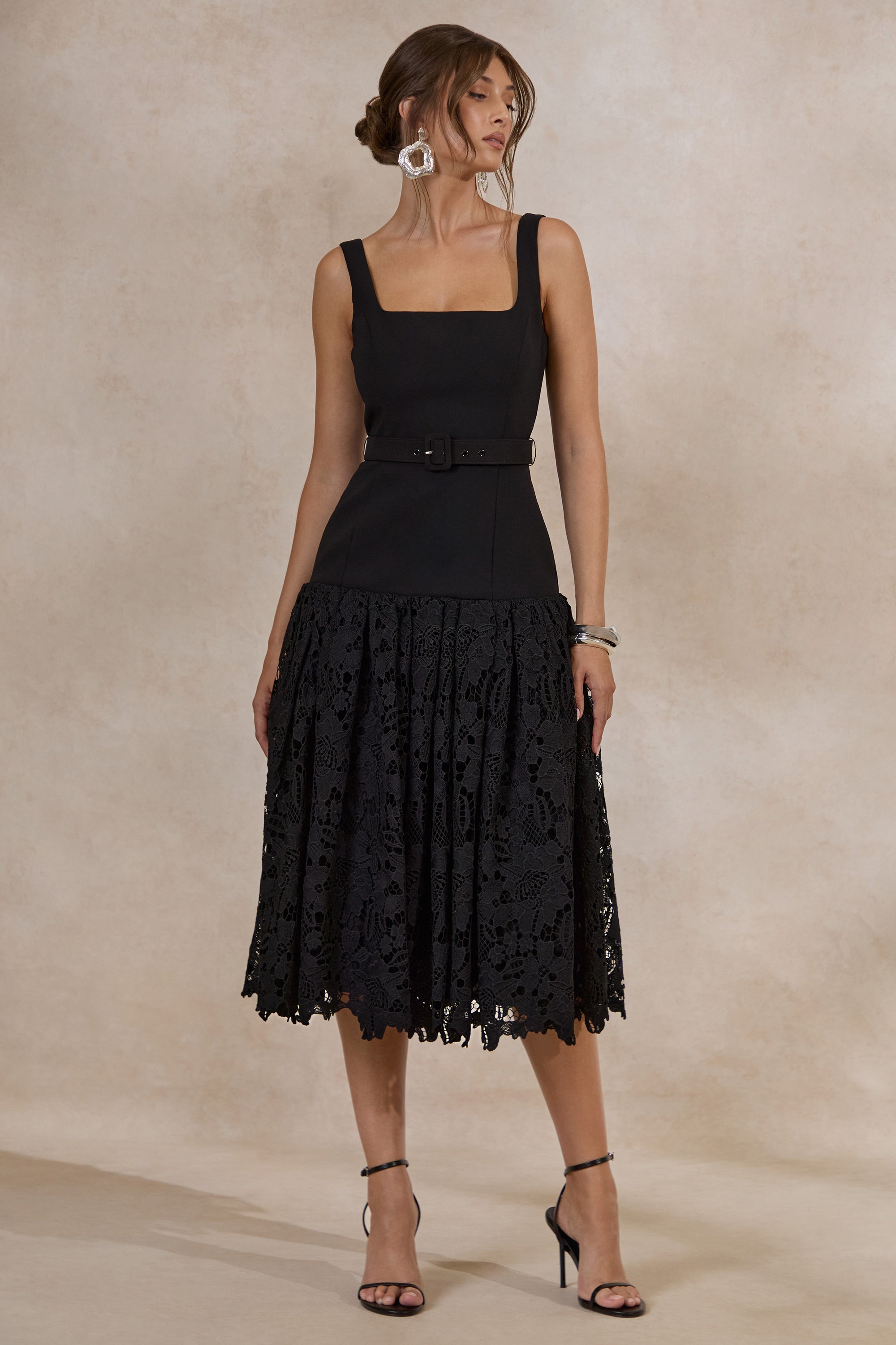square neck lace midi dress Women's Lace Pleated Square Neck Midi Dress