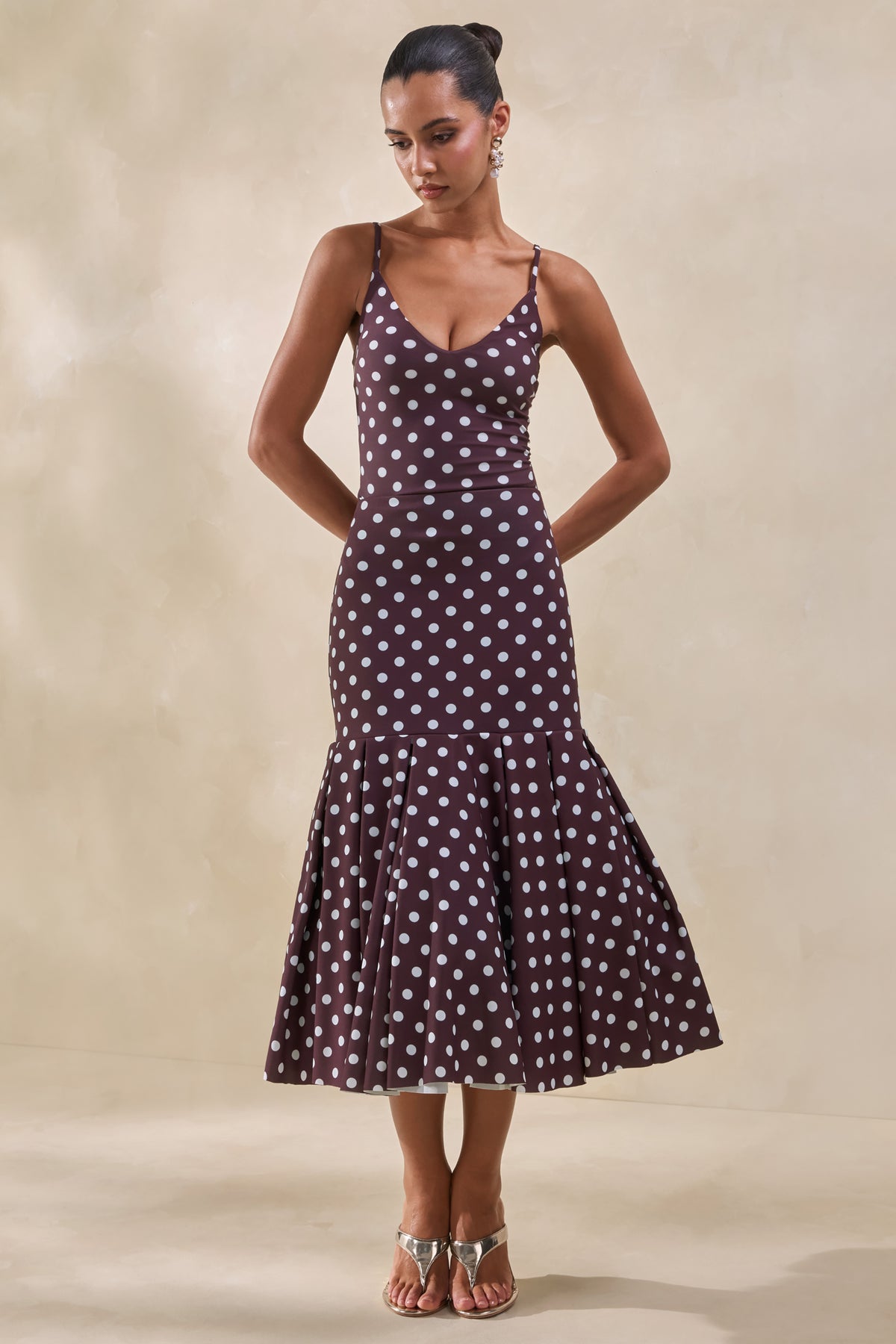 brown polka dot midi dress Masie Brown Polka-Dot Mesh Midi Skirt With Drop-Waist – Club L London