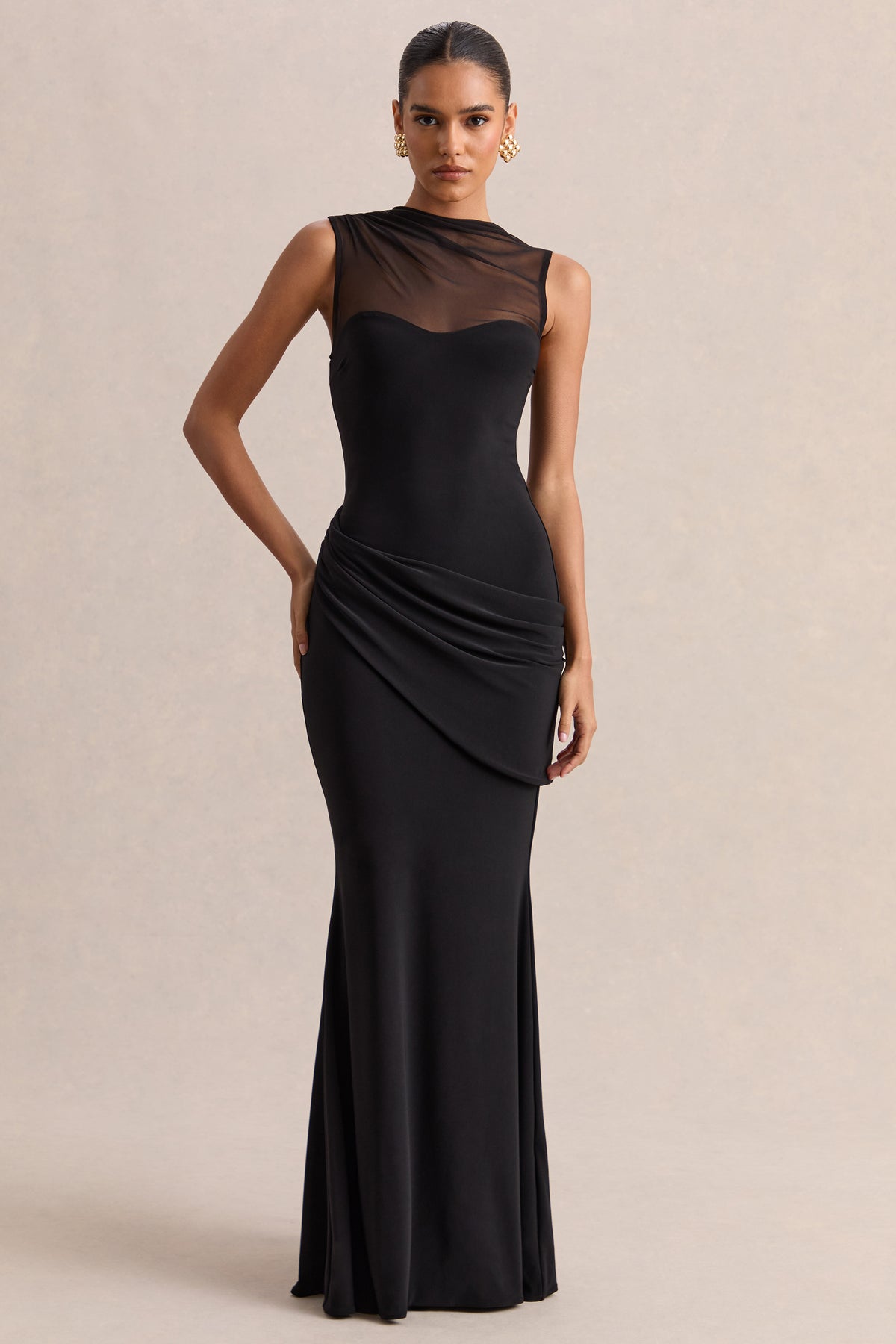 chinese dress ladies Jewel | Black Plunge-Neck Maxi Dress with Front Split and Ruched Detailing