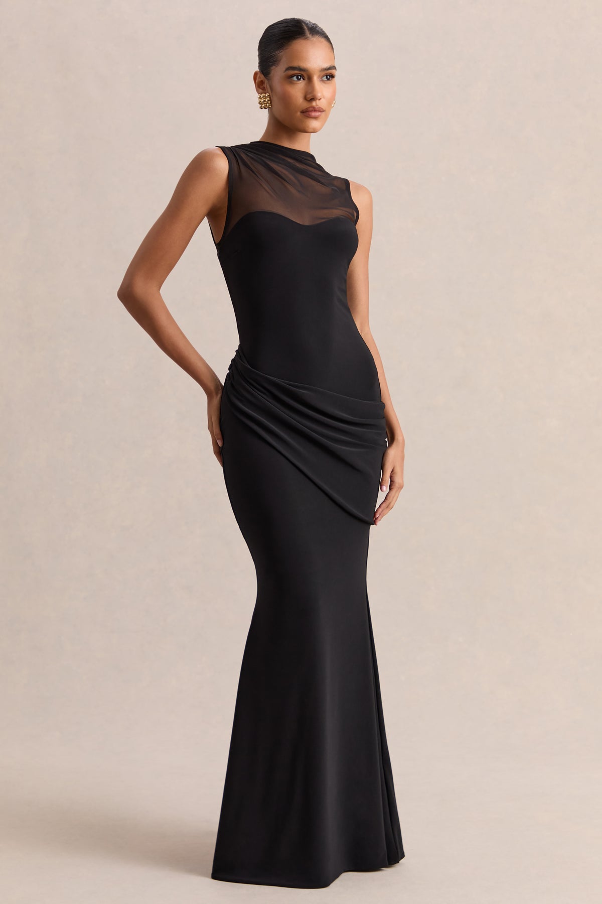 Lyssy Black High-Neck Maxi Dress With Mesh-Detail – Club L London