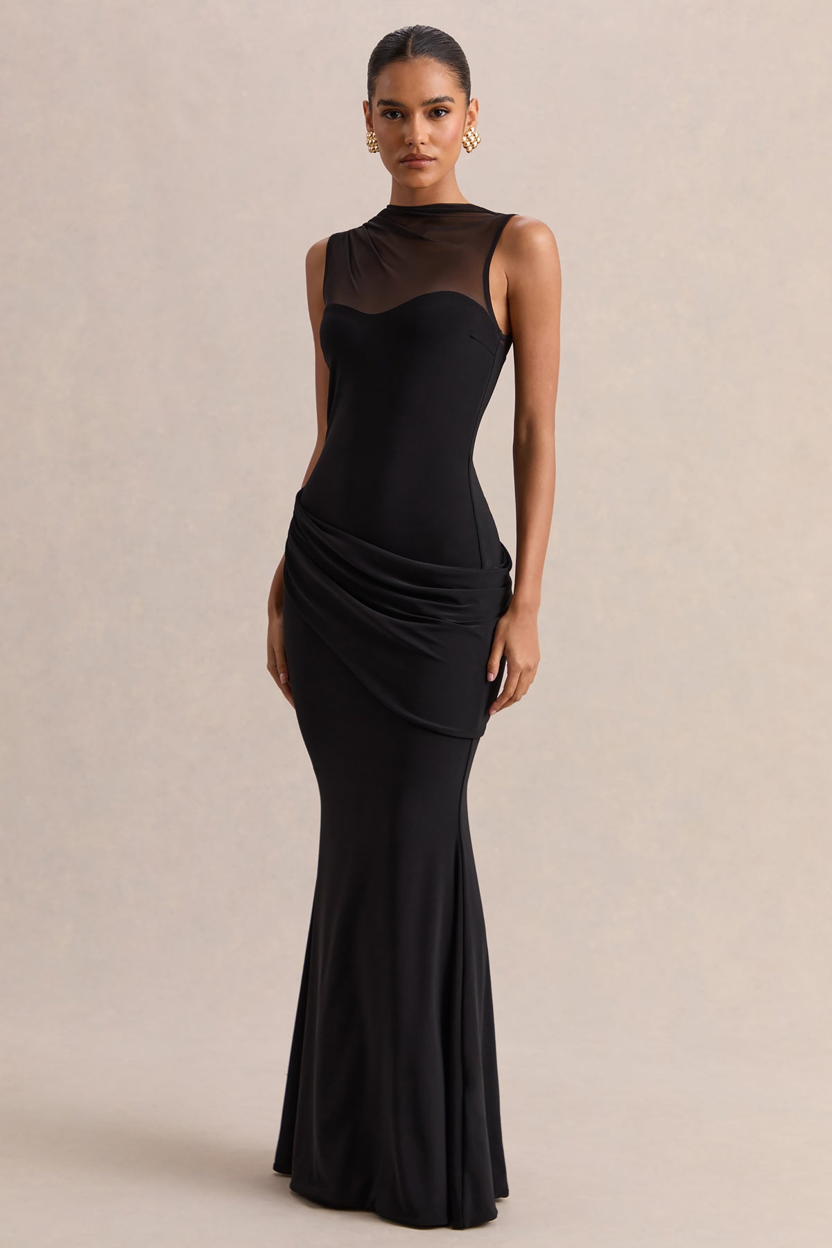 Lyssy Black High-Neck Maxi Dress With Mesh-Detail – Club L London