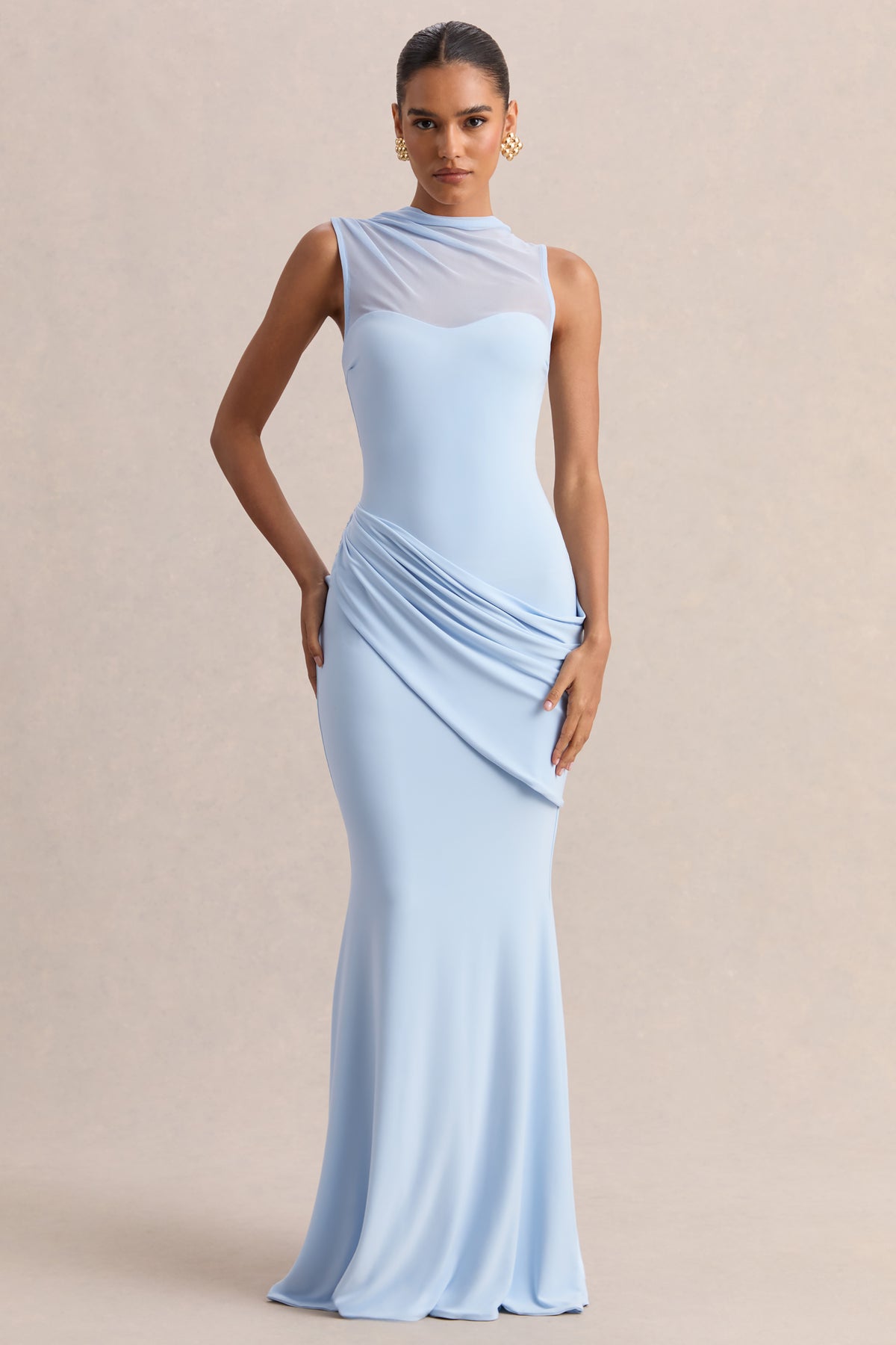 Lyssy Powder Blue High-Neck Maxi Dress With Mesh-Detail Club L London - USA Lyssy Powder Blue High-Neck Maxi Dress With Mesh-Detail Club L London - USA
