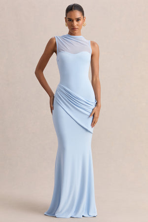 high neck blue dress Light Blue Modest High Neck Pleated Ruffle Long Dress 2XL